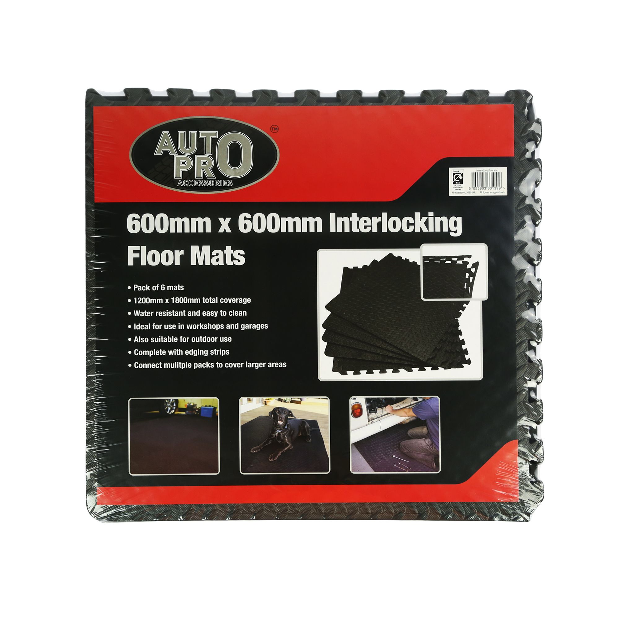Auto Pro Black Interlocking floor tile 2.16m², Pack of 6