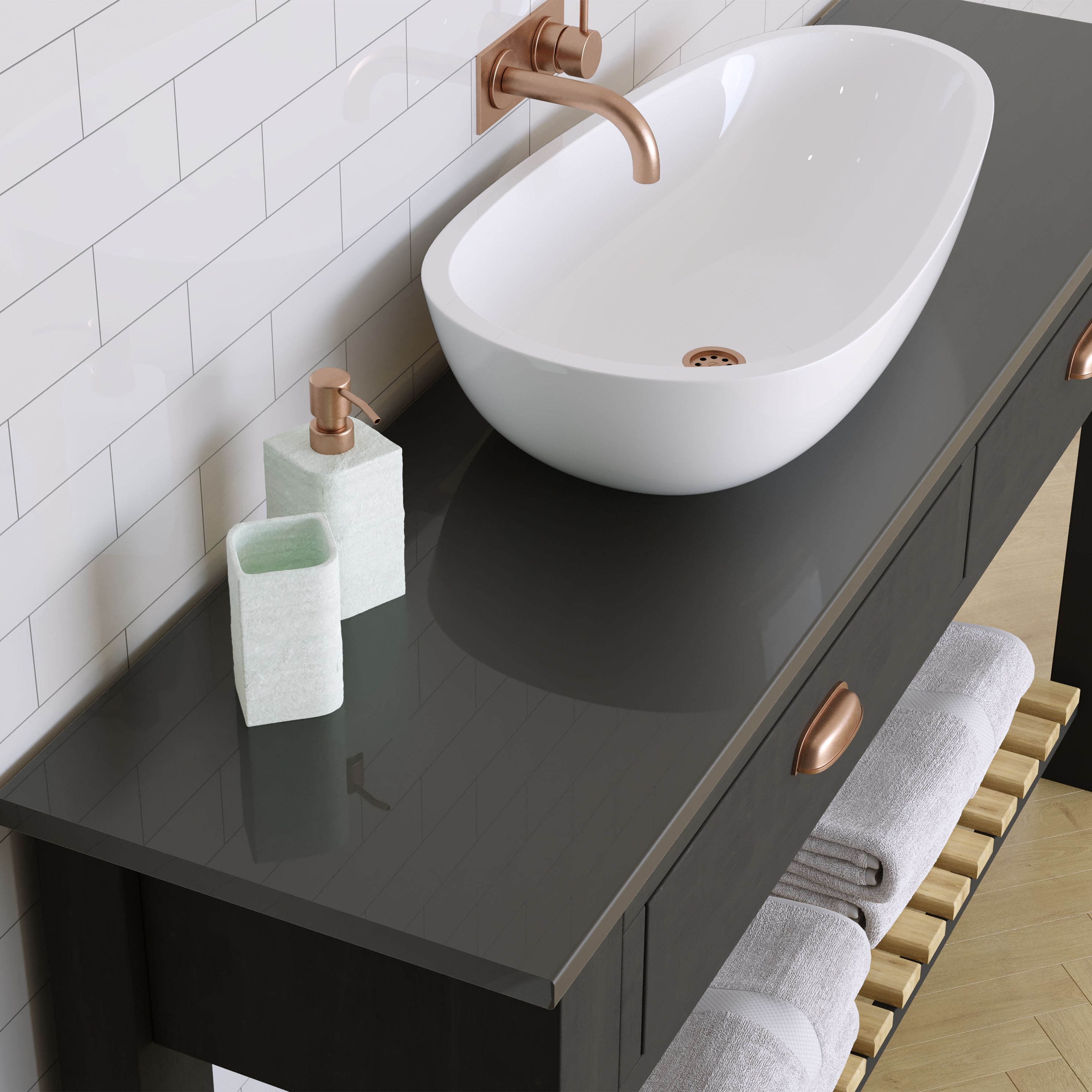 22mm Bathroom High gloss Black Glitter effect Chipboard & laminate Worktop