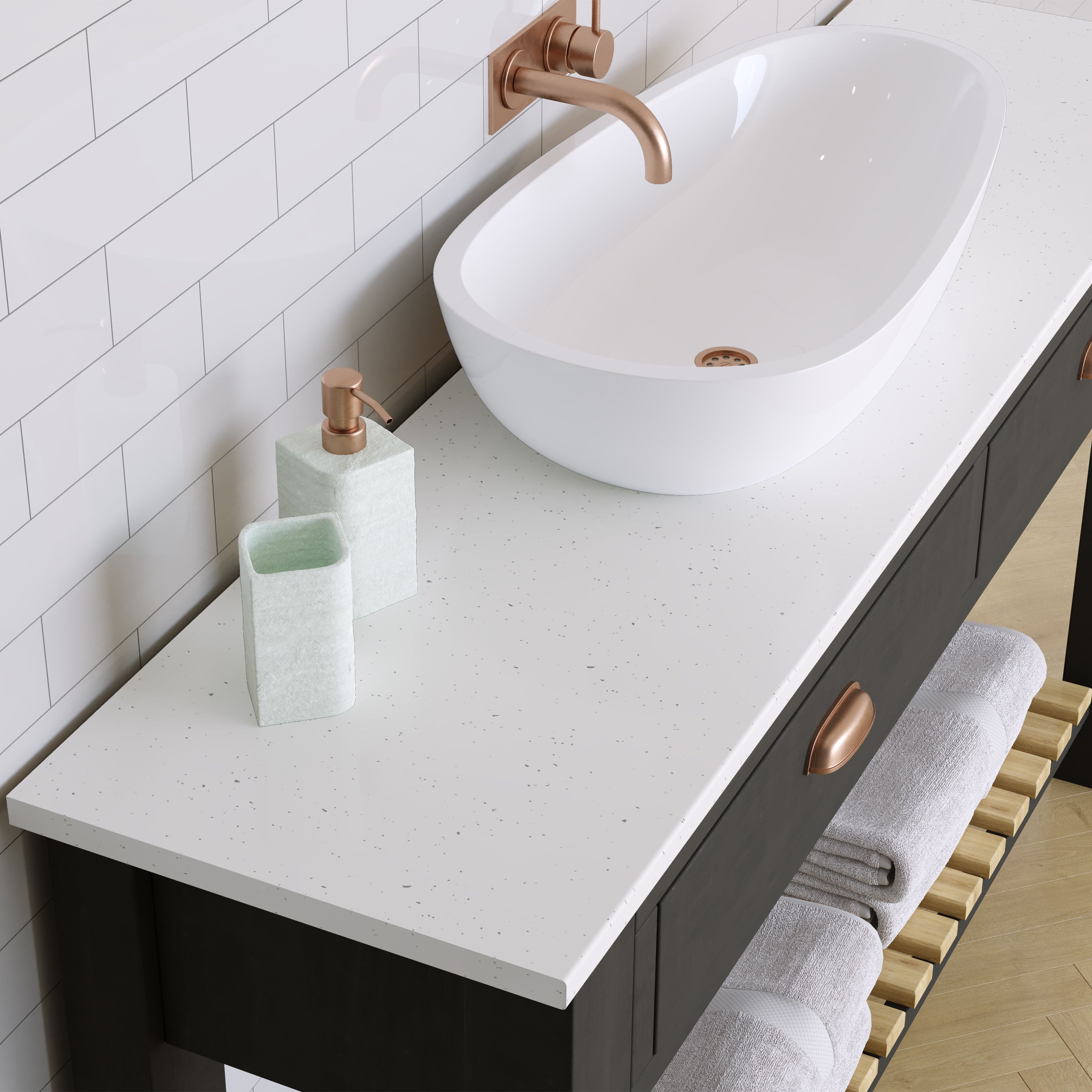 22mm Bathroom High gloss White Glitter effect Chipboard & laminate Worktop