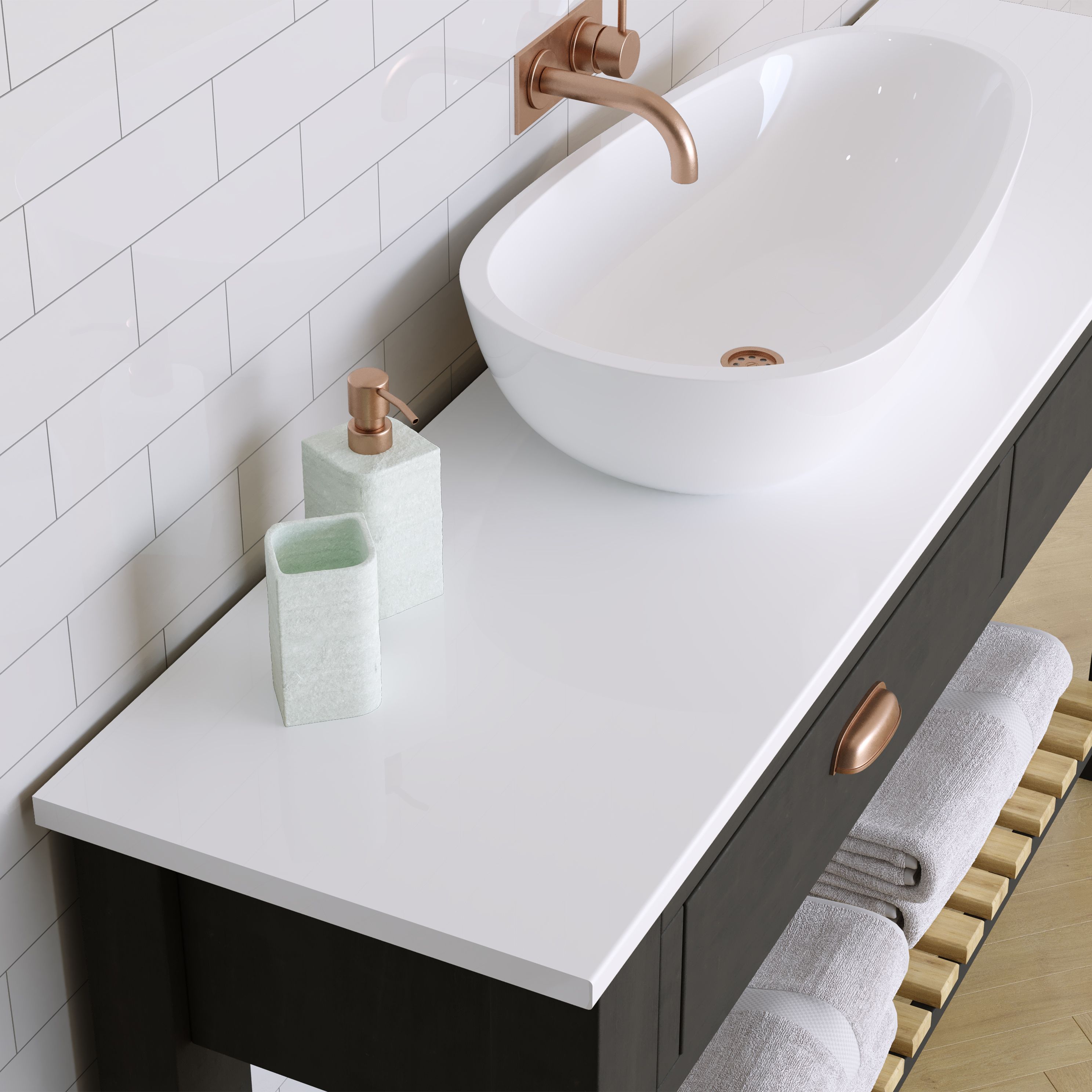 22mm Bathroom High gloss White Marble effect Chipboard & laminate Worktop