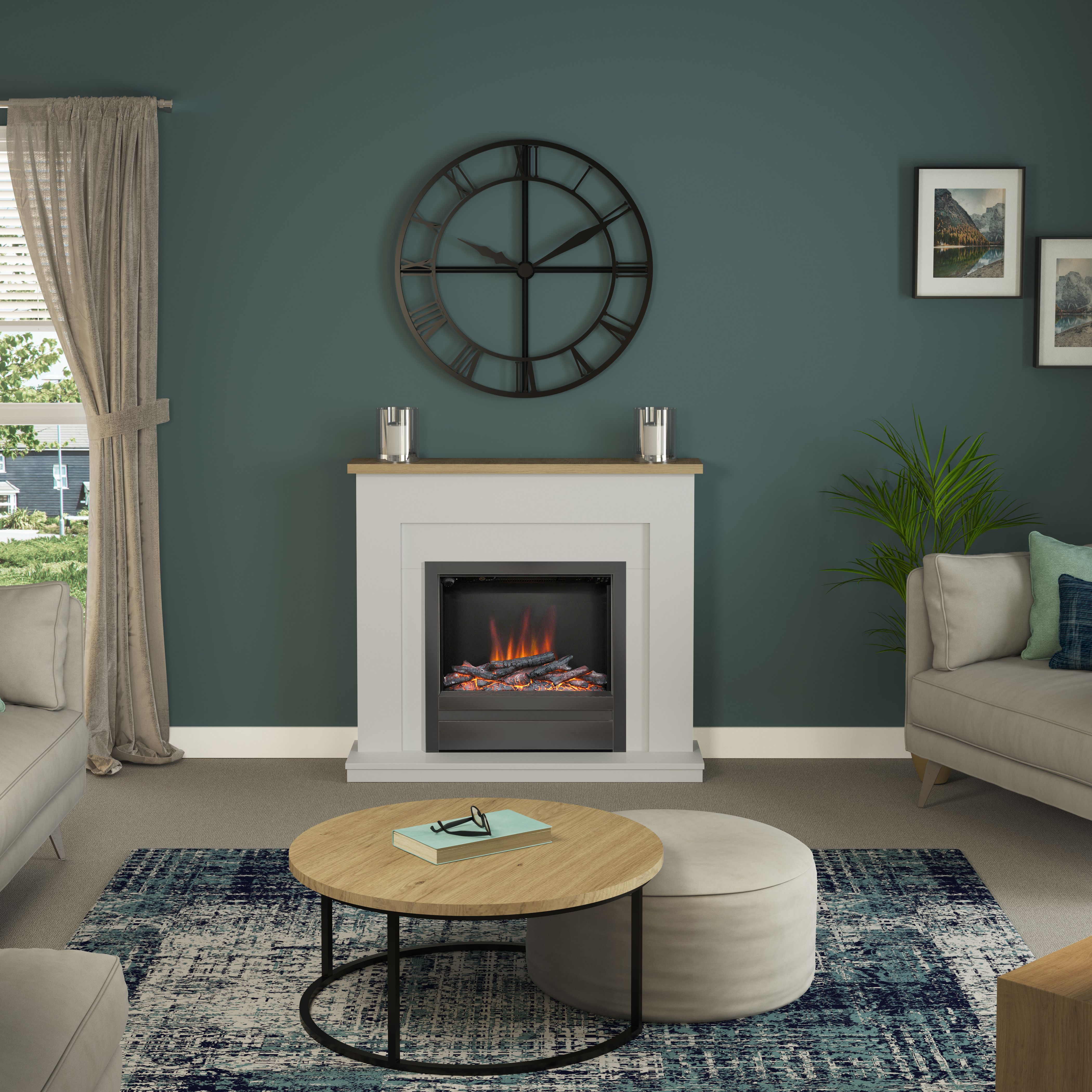 Be Modern Alder Light grey & oak effect Inset Electric Fire suite
