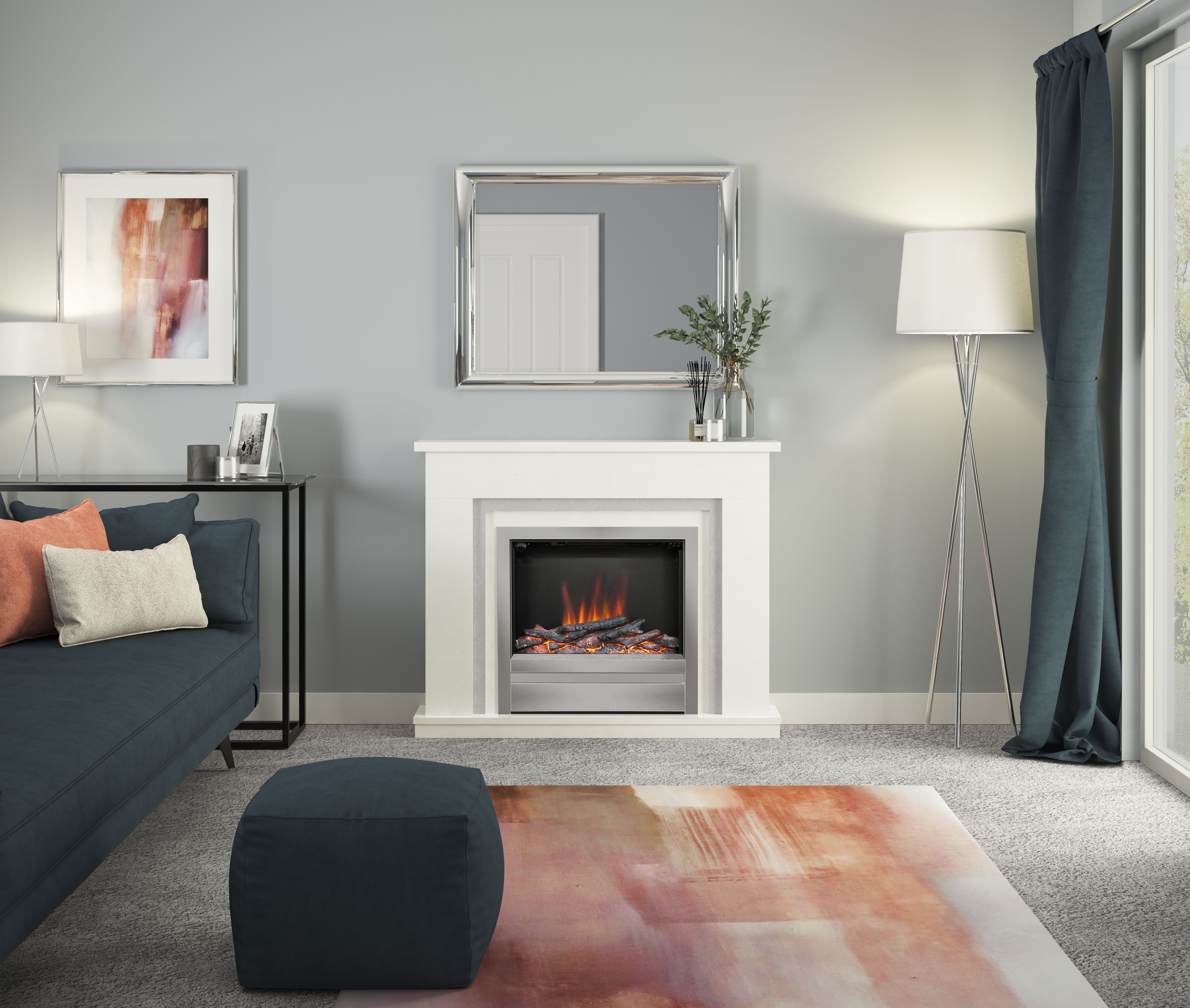 Be Modern Alena White Chrome effect Inset Electric Fire suite