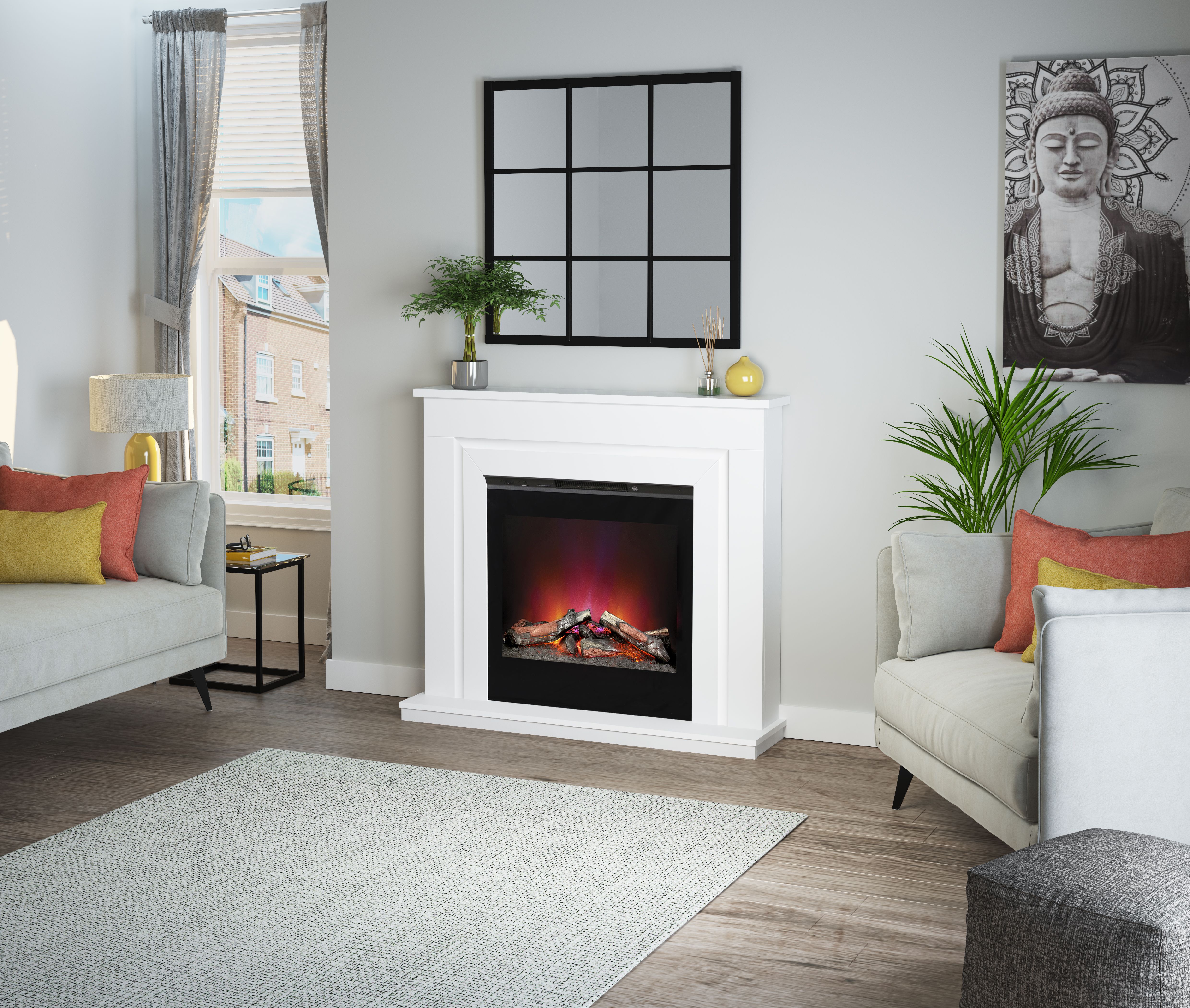 Be Modern Calida White & black Glass effect Inset Electric Fire suite