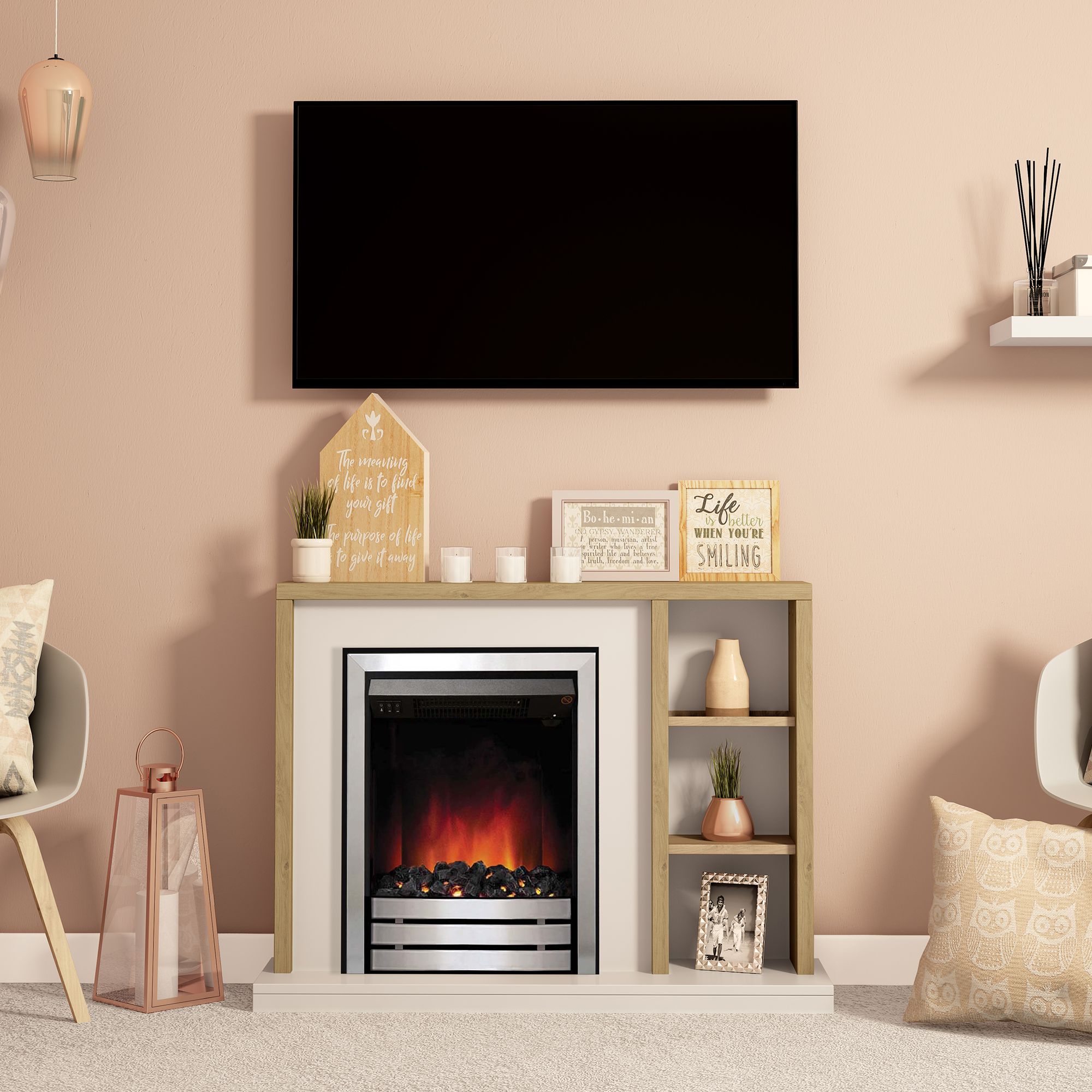Be Modern Eccleston Oak brown Chrome effect Freestanding Electric Fire suite