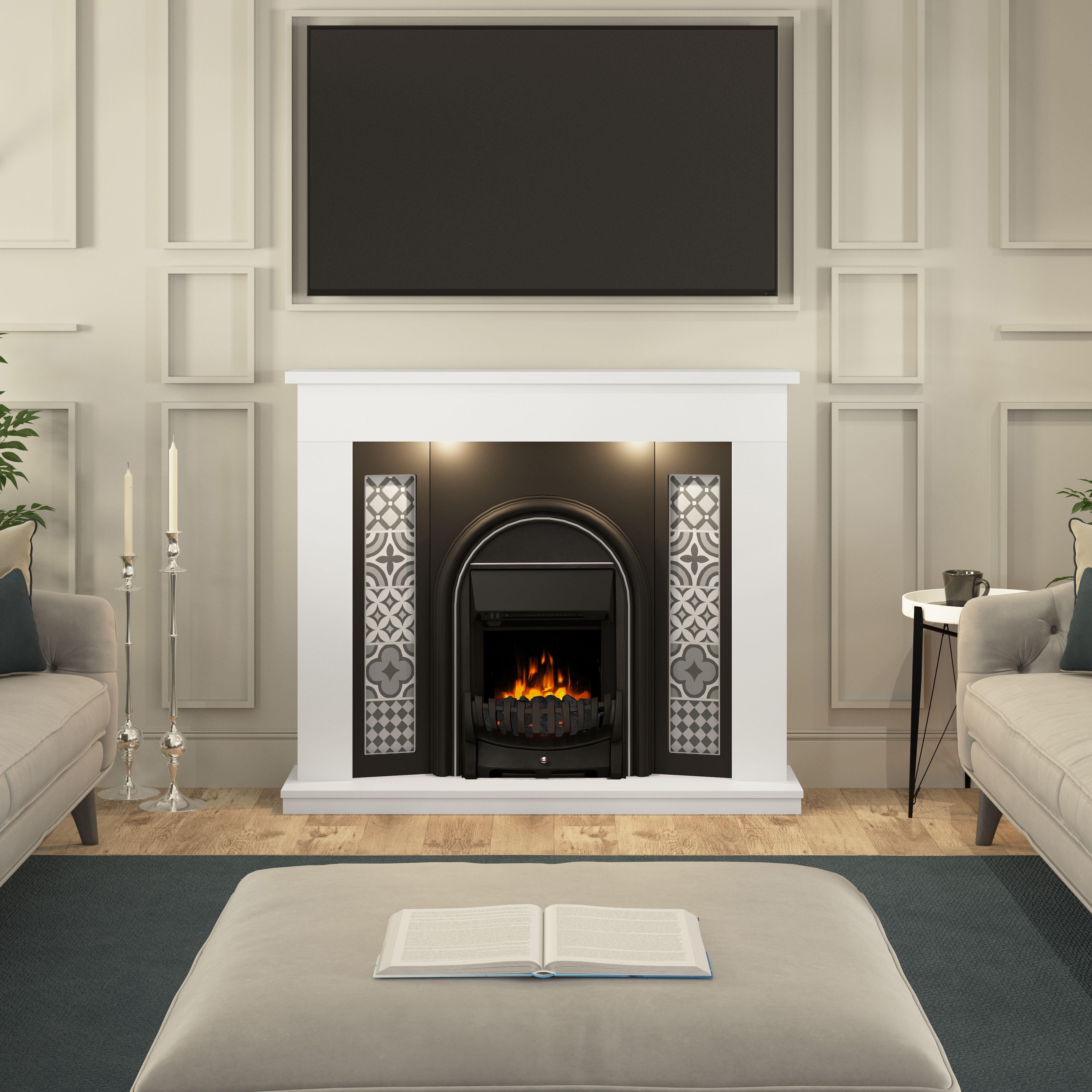 Be Modern Elberton Ash white & black Glass, MDF & metal Freestanding & wall-mounted Electric Fire suite