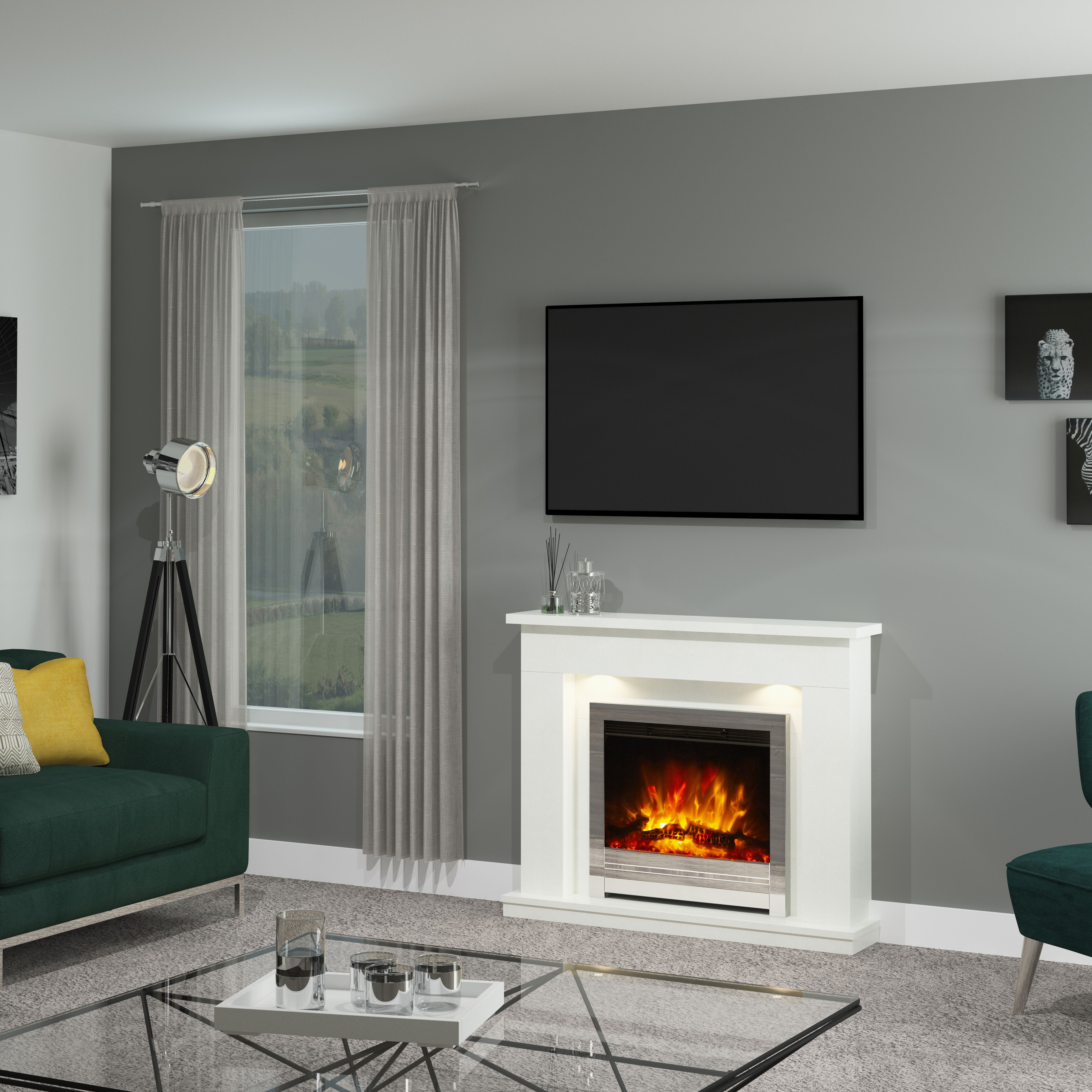 Be Modern Ellenslea White marble Inset Electric Fire suite