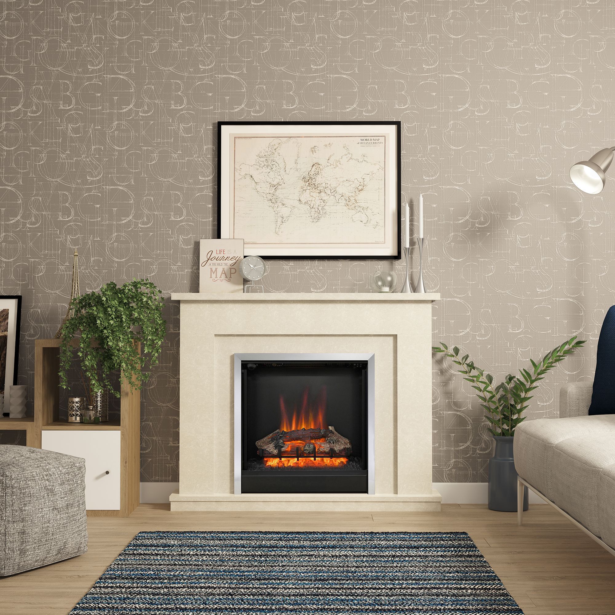 Be Modern Evelina Manila Micro Marble Chrome effect Freestanding Electric Fire suite