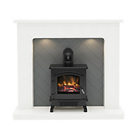 Be Modern Fontwell White marble & grey herringbone effect Freestanding Electric Stove suite with lights