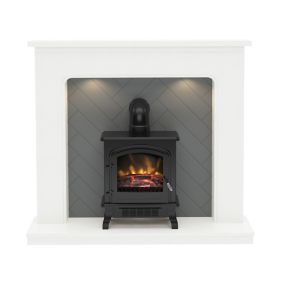 Be Modern Fontwell White marble & grey herringbone effect Freestanding Electric Stove suite with lights