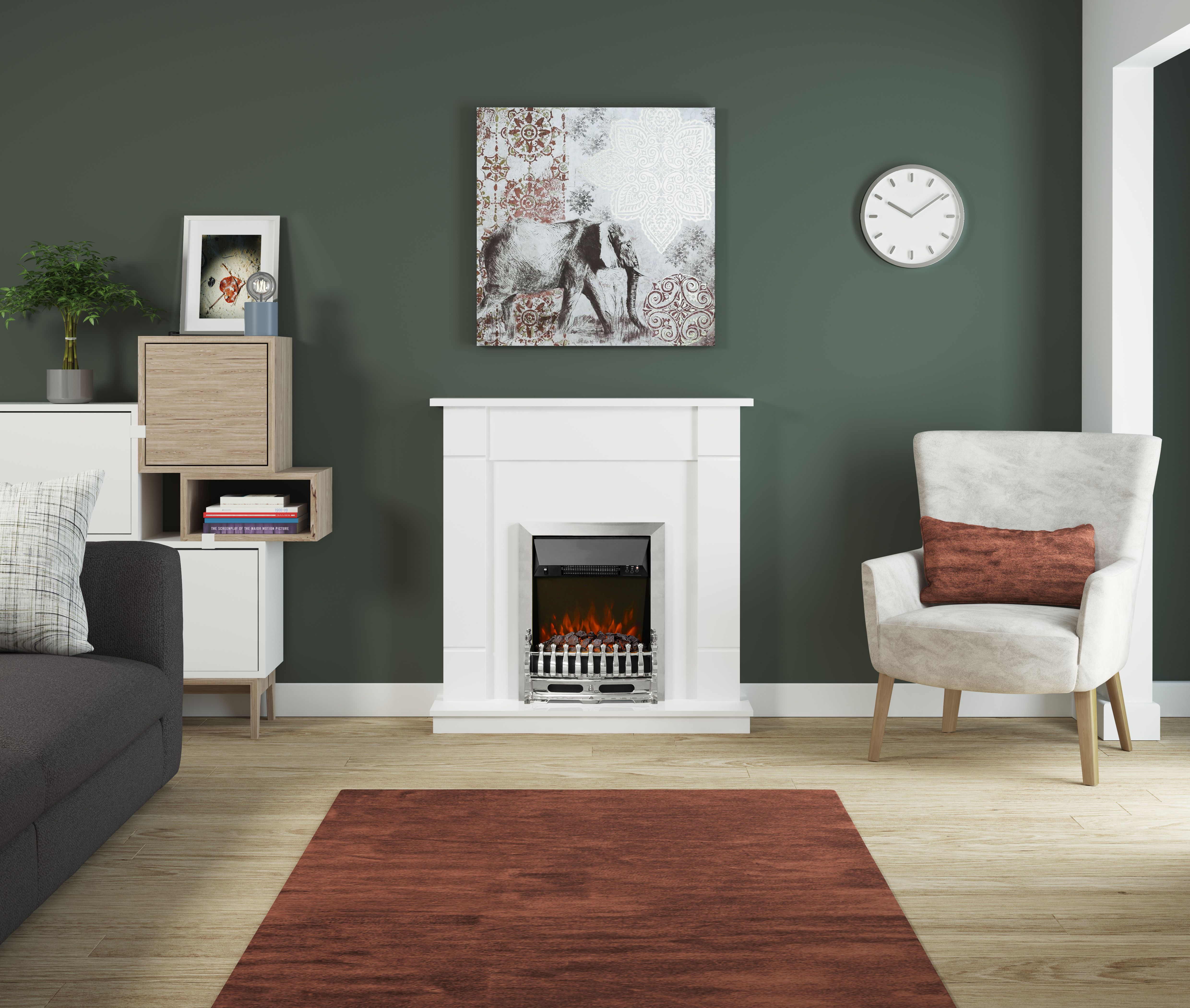 Be Modern Hunton White Chrome effect Inset Electric Fire suite