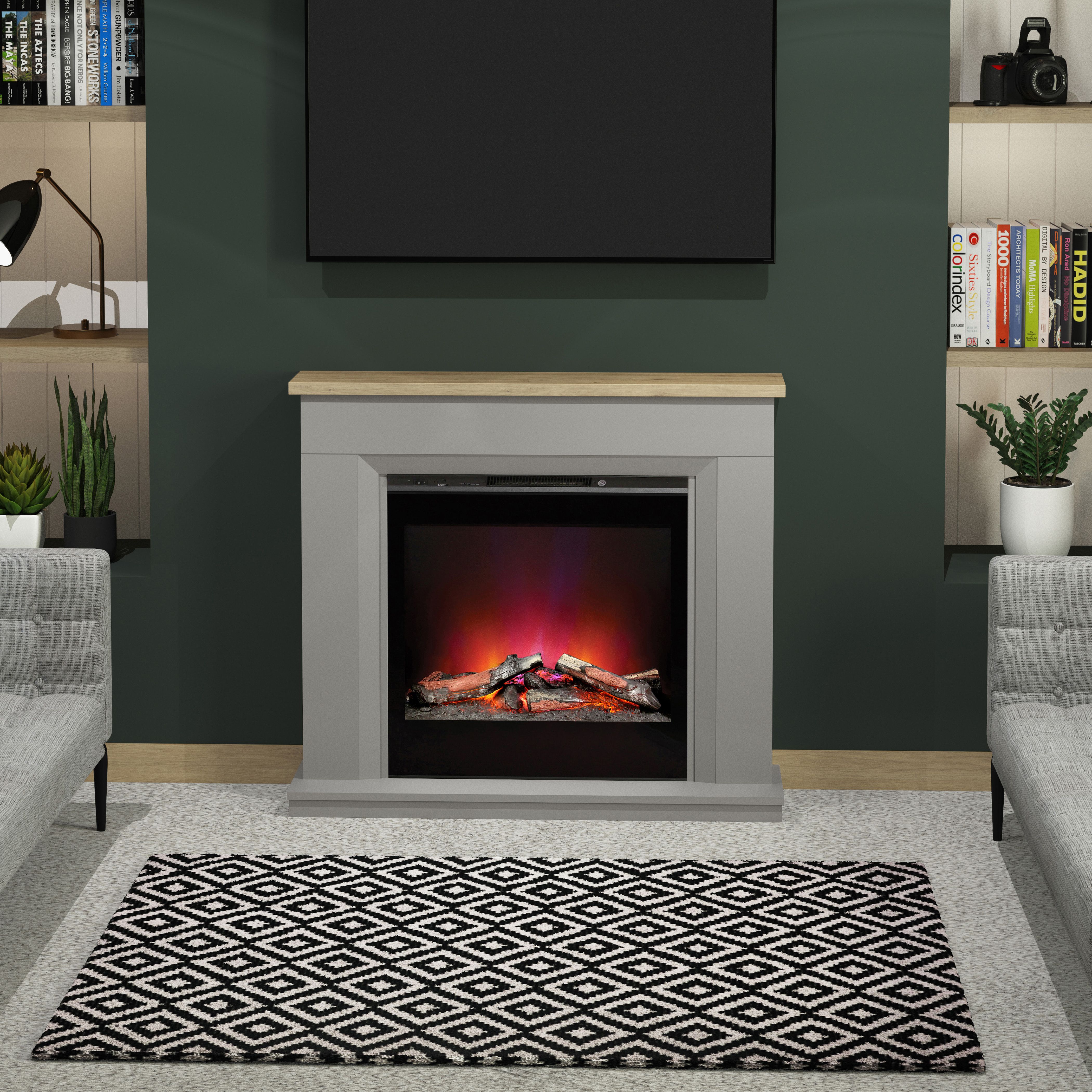 Be Modern Kingswell Dark grey Glass effect Glass, MDF & metal Freestanding & wall-mounted Electric Fire suite