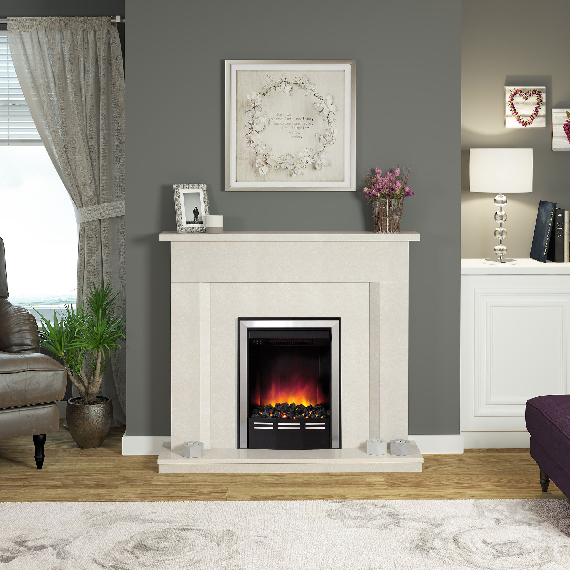 Be Modern Mariano Manila Micro Marble Chrome effect Freestanding Electric Fire suite