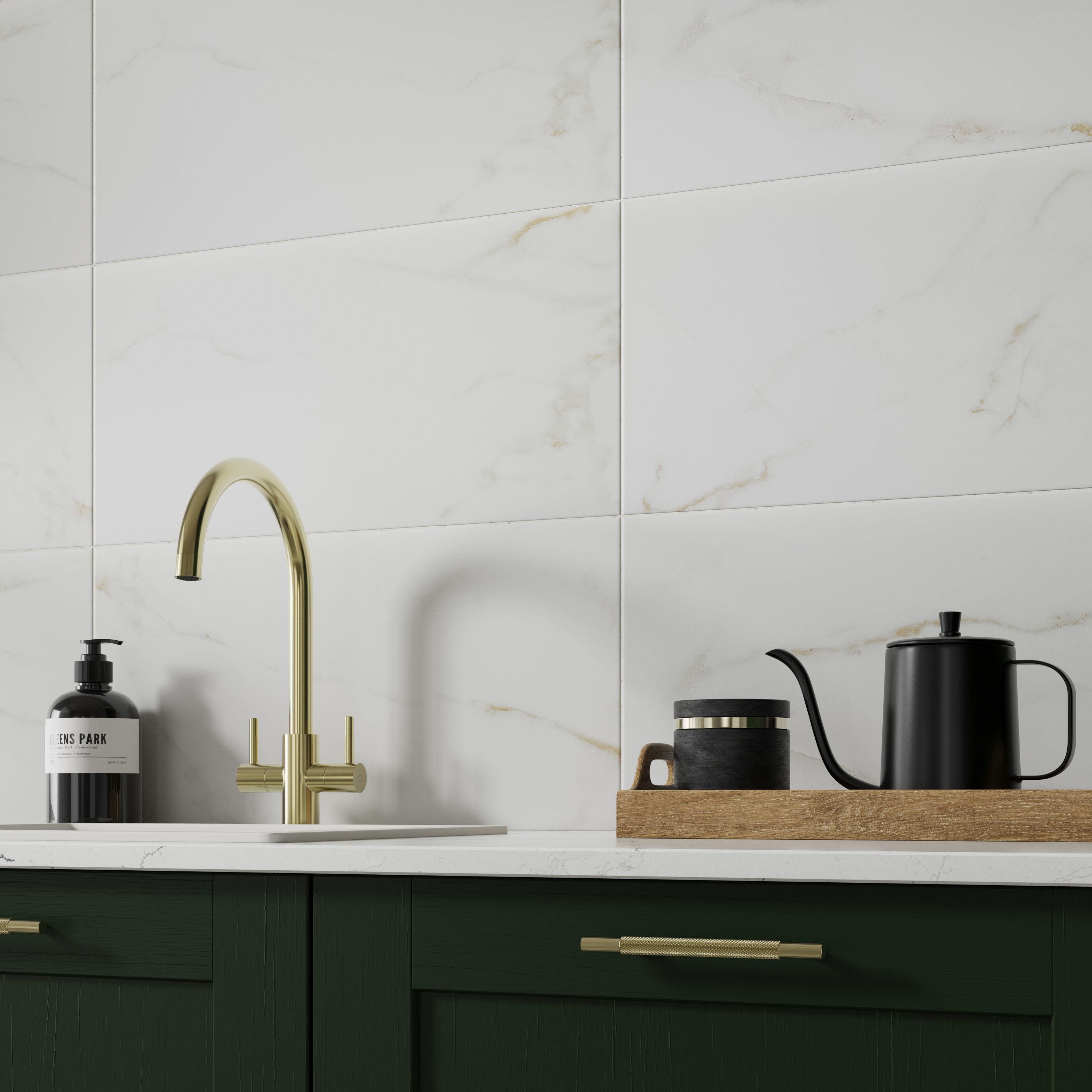 Beatrice White & gold Matt Marble effect Ceramic Indoor Wall tile, Pack of 8, (L)600mm (W)300mm