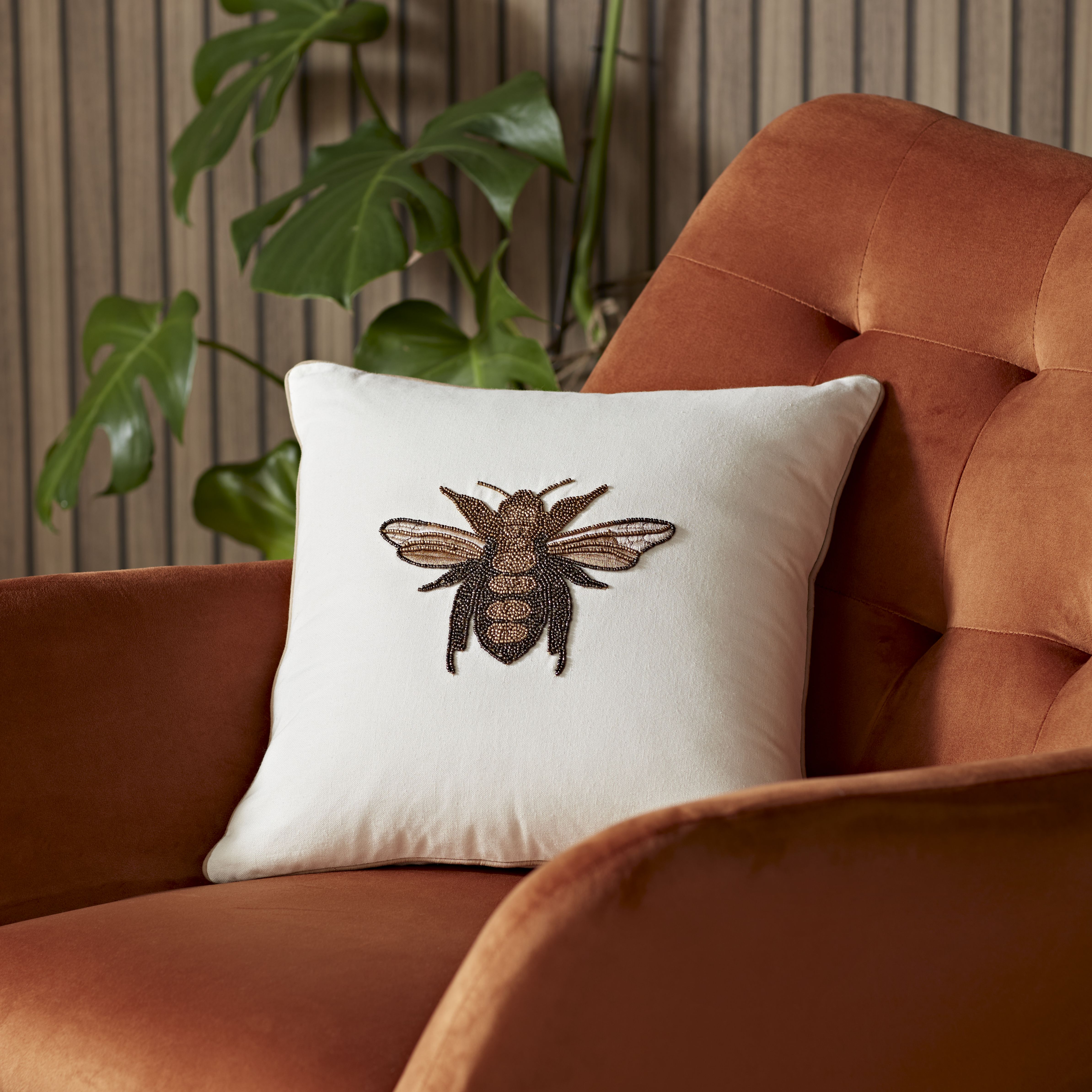 Bee Multicolour Beaded Embroidered effect Indoor Cushion, (L)40cm x (W)45cm