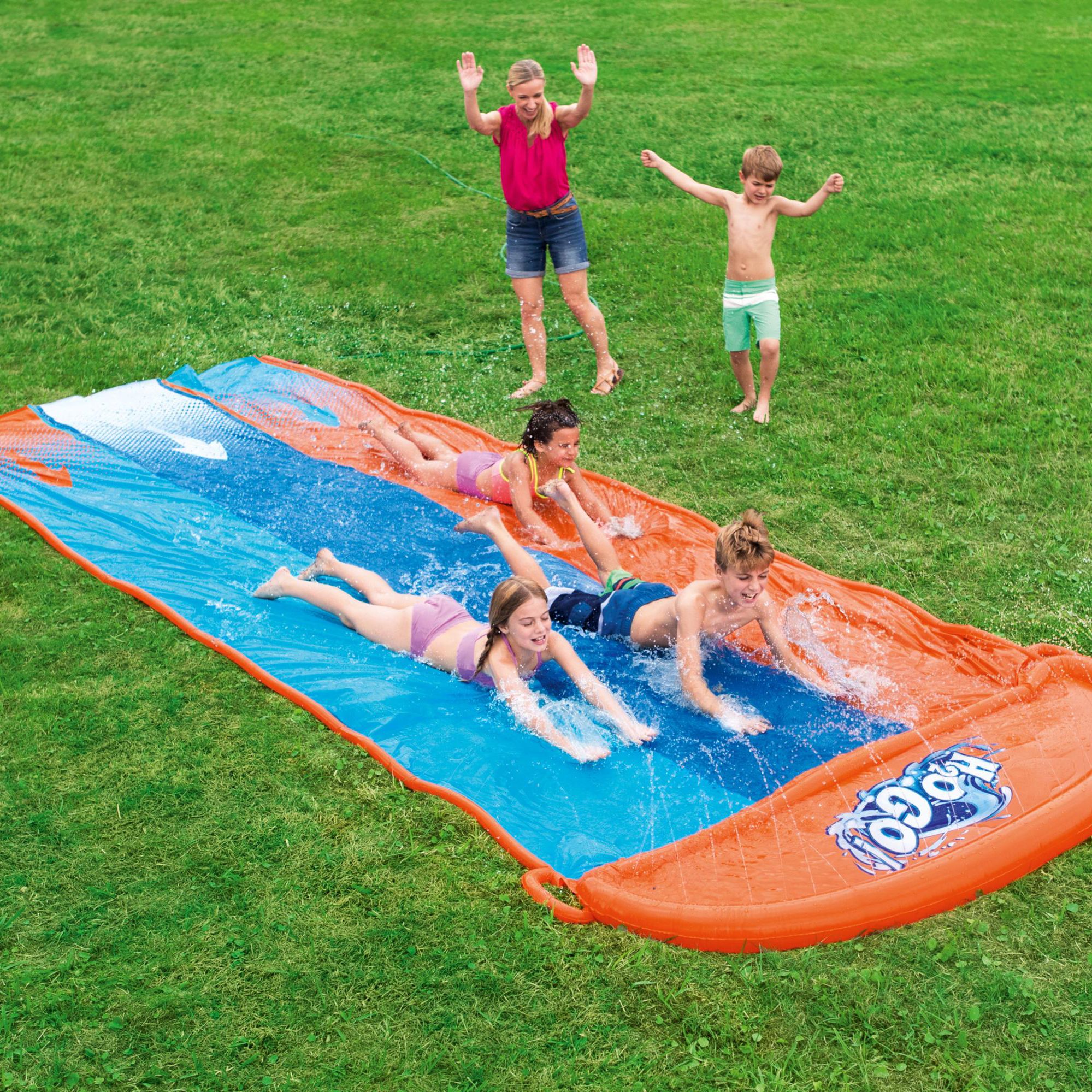 Bestway Orange & blue Rectangular Triple lane slide with sprinkler system at one end Water slide