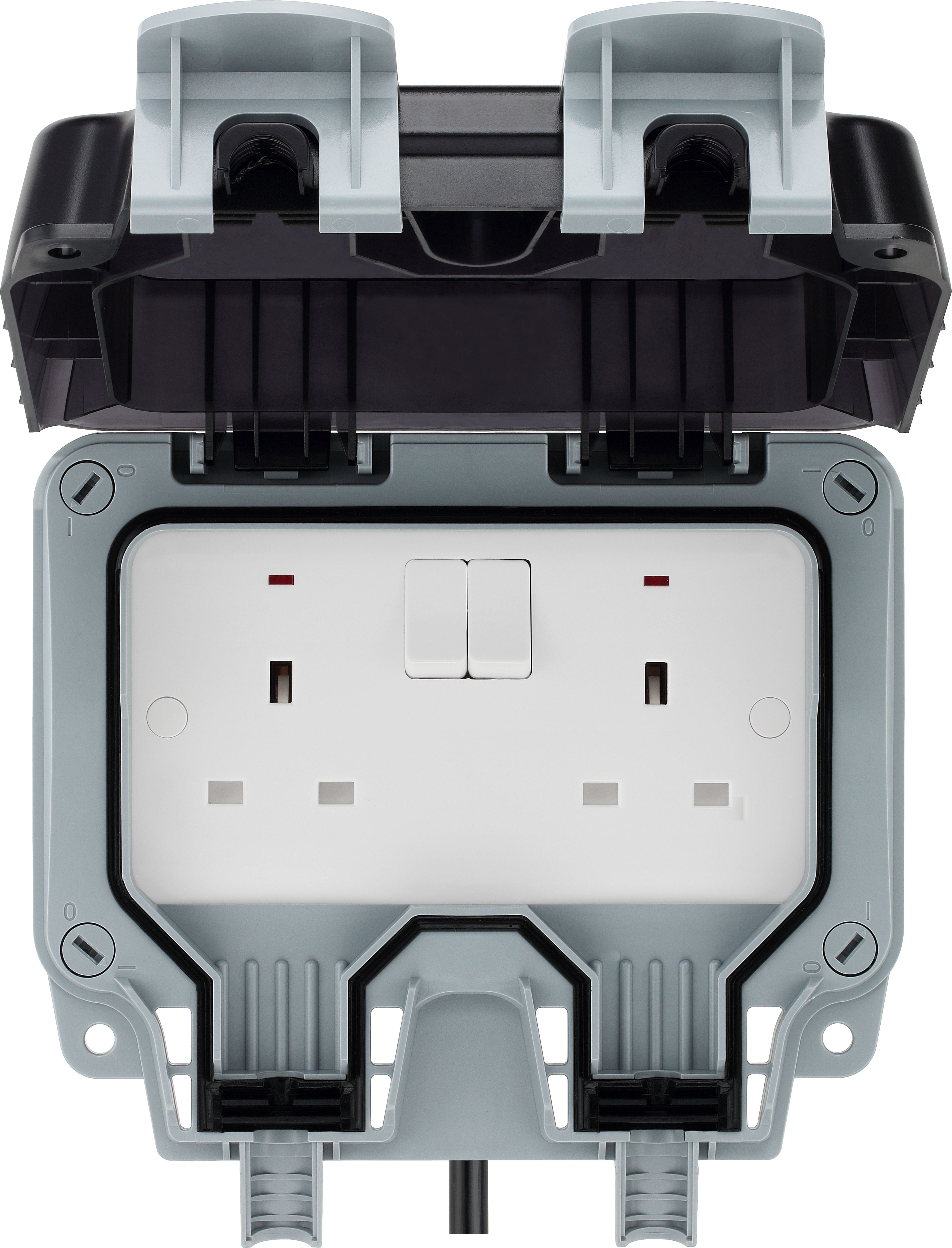 thumbnail image 2 of Double Outdoor Socket Waterproof Outside Plug Socket Weatherproof IP66 Wall Electrical Outlet 13Amp 2 Gang Storm Switched Power Box Grey 2 of 13