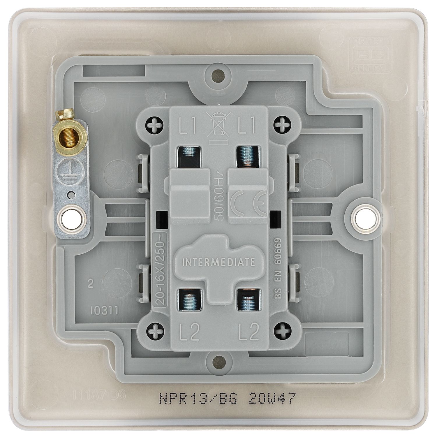 BG 20A Single 2 way Raised slim Screwed Intermediate switch Matt Pearl Nickel effect