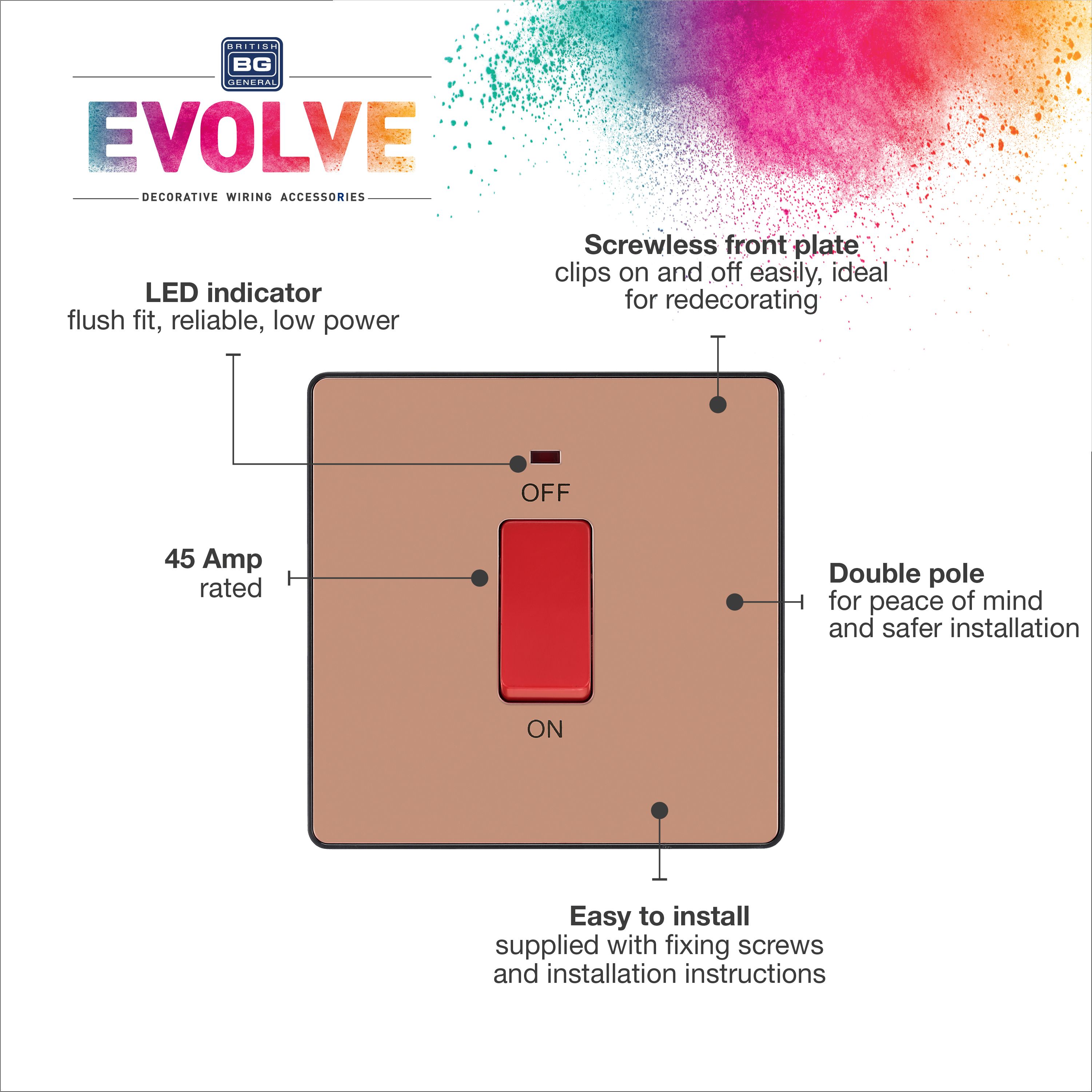 BG 45A 2 way 1 gang Cooker switch Screwless Copper effect - 6