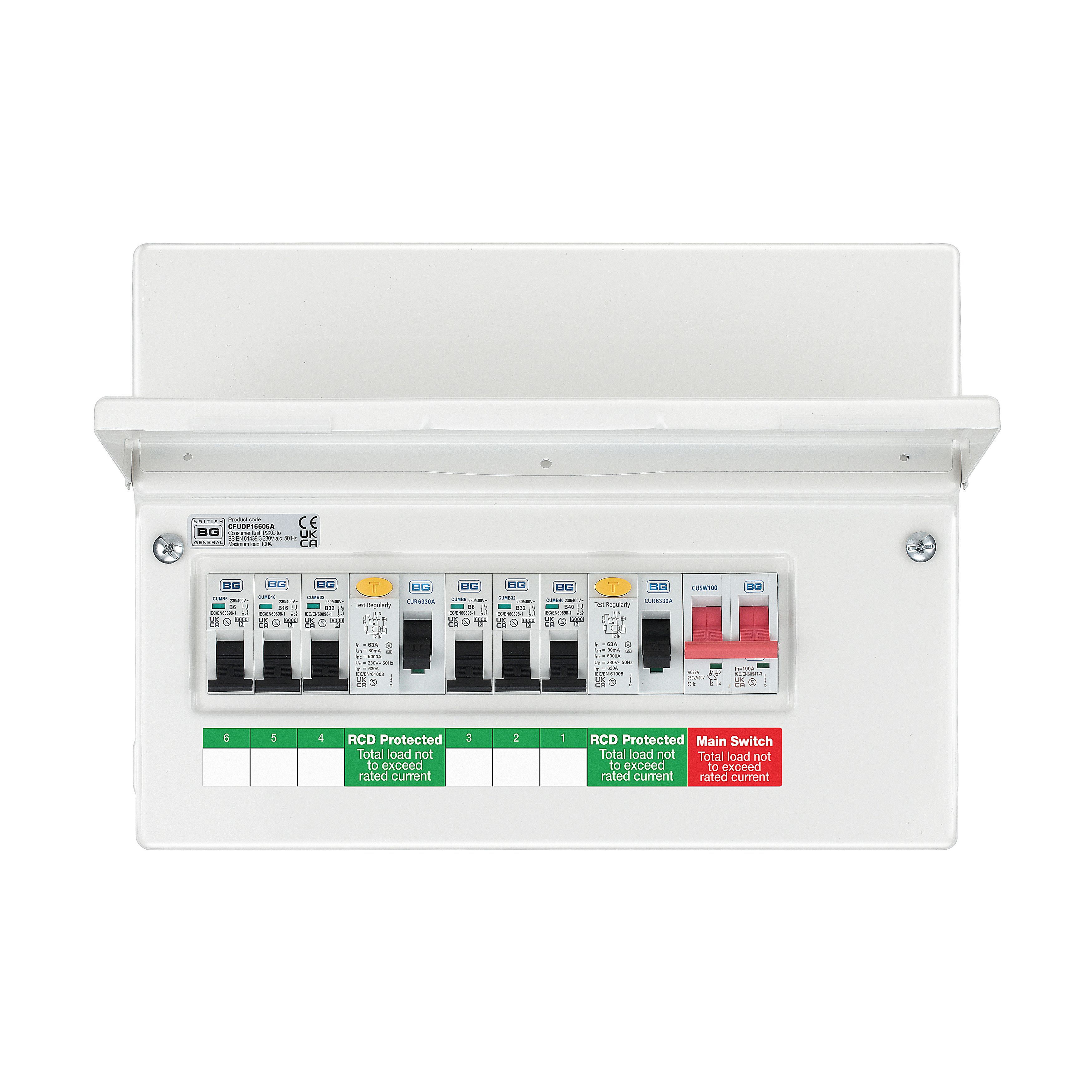 BG 6-way High integrity dual RCD Consumer unit with 63A mains switch