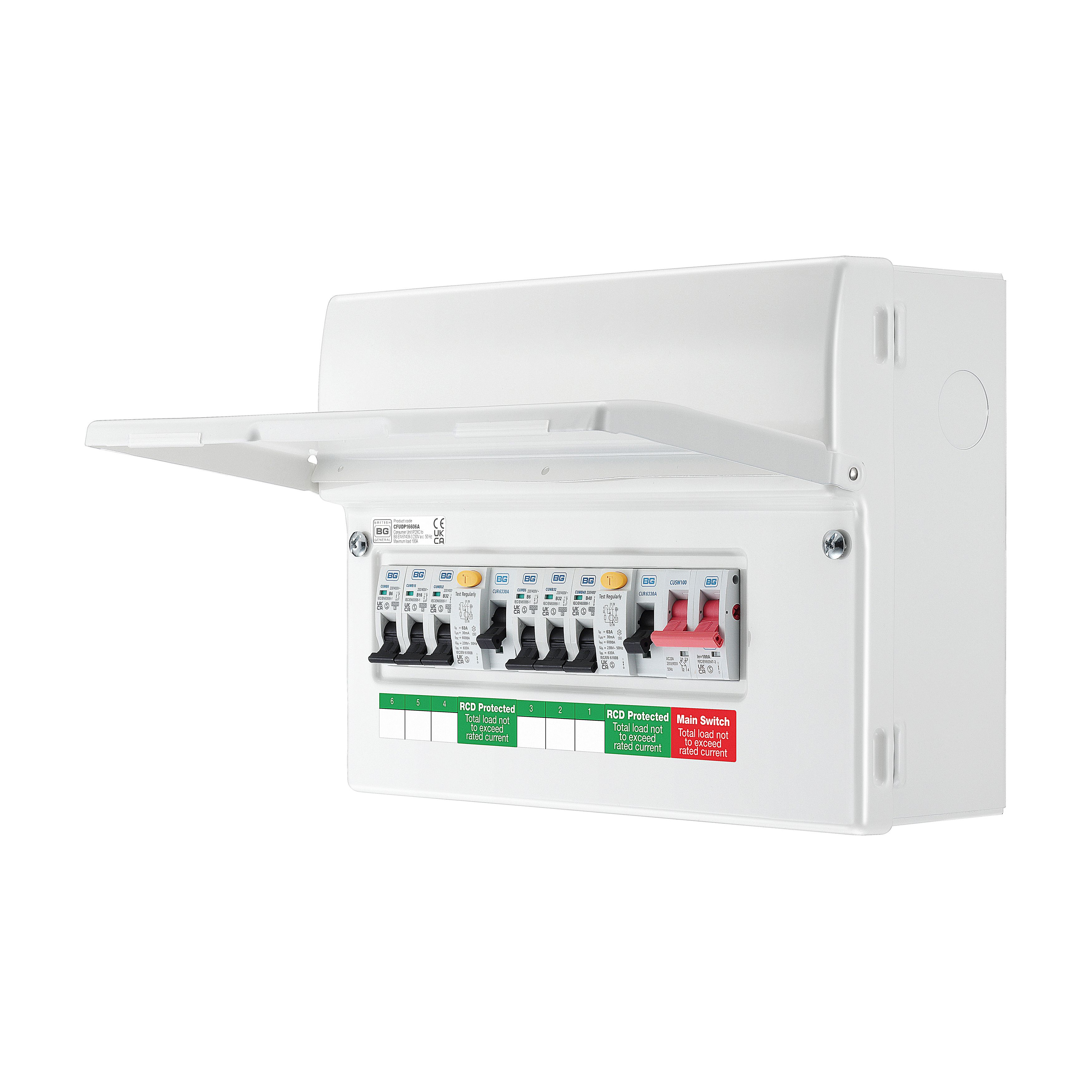 BG 63A 6-way High integrity dual RCD Fully populated domestic consumer unit
