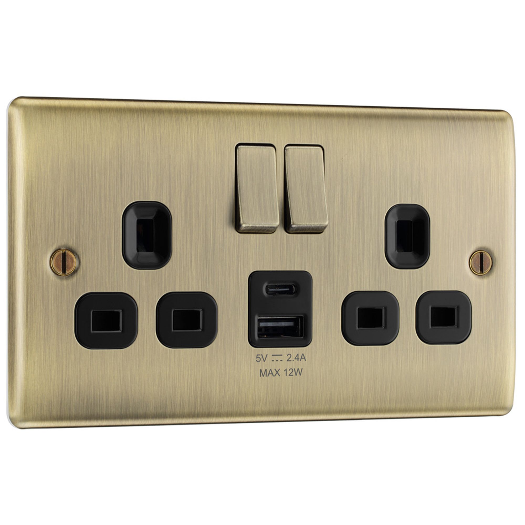 Bg Antique Brass Double 13a Raised Slim Switched Socket With Usb, X2 