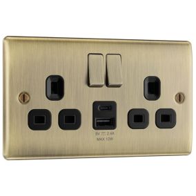 BG Antique Brass Double 13A Raised slim Switched Socket with USB, x2 & Black inserts