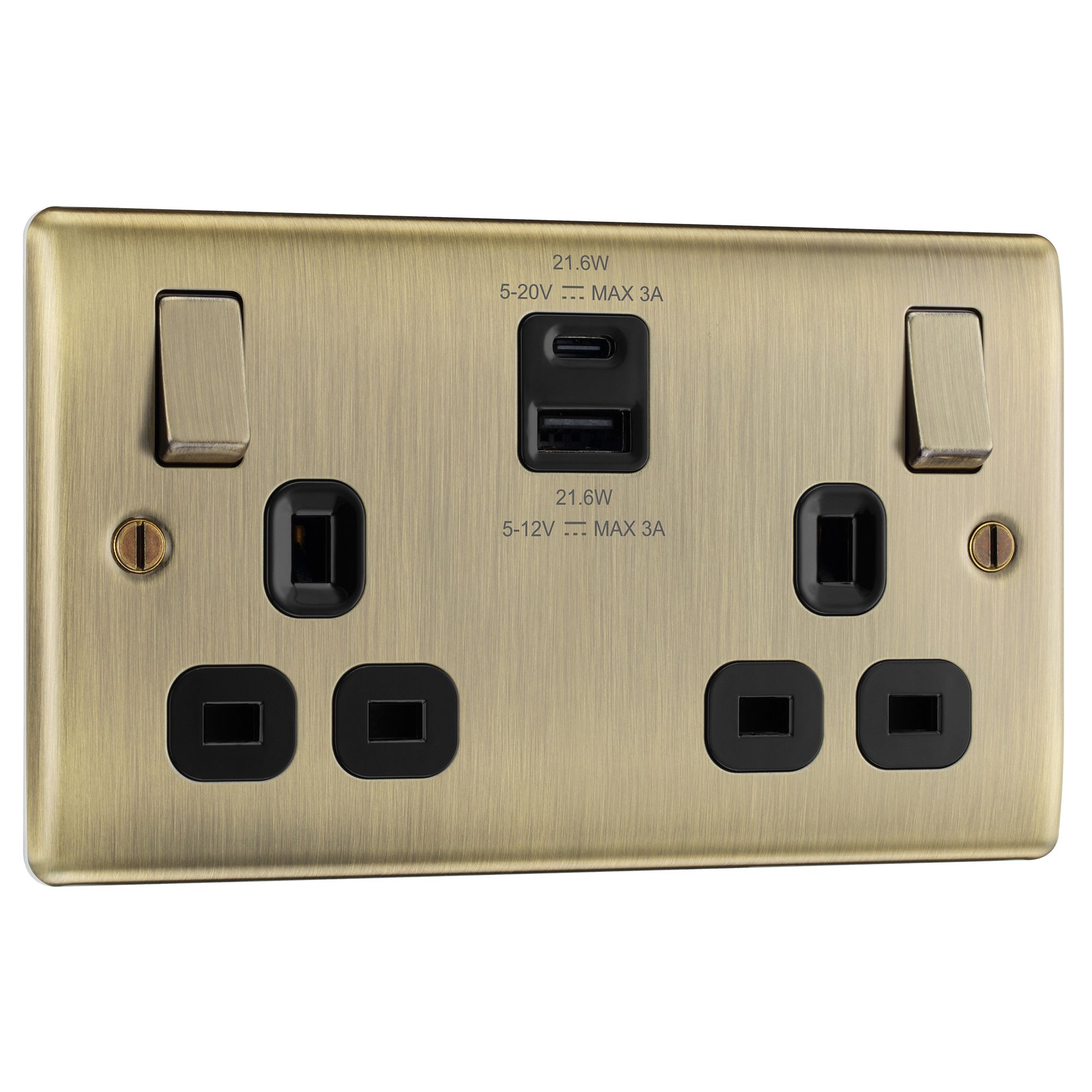 BG Antique Brass Double 13A Raised slim Switched Socket with USB, x2 ...