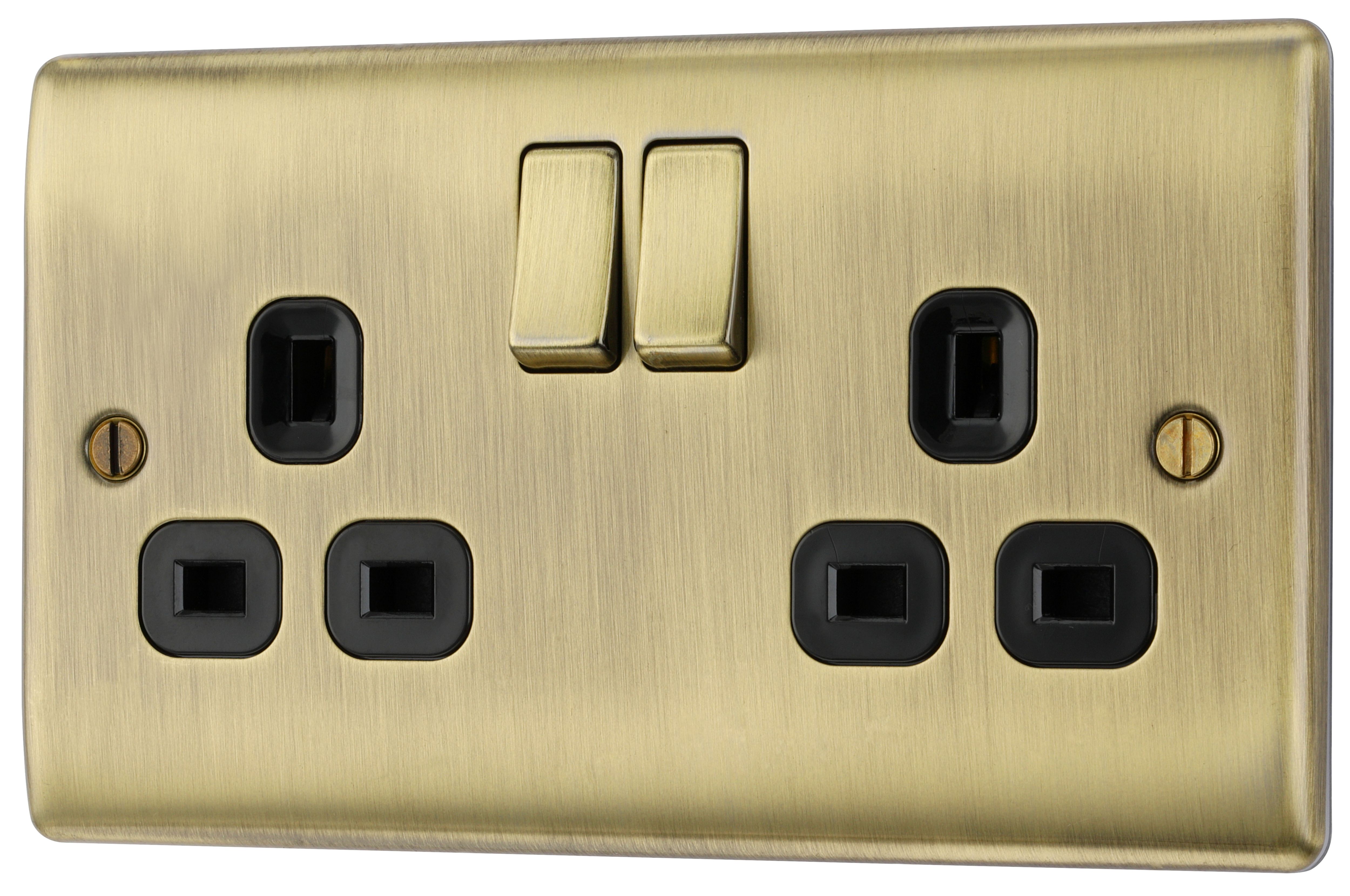 BG Antique Brass Double 13A Switched Socket & Black inserts