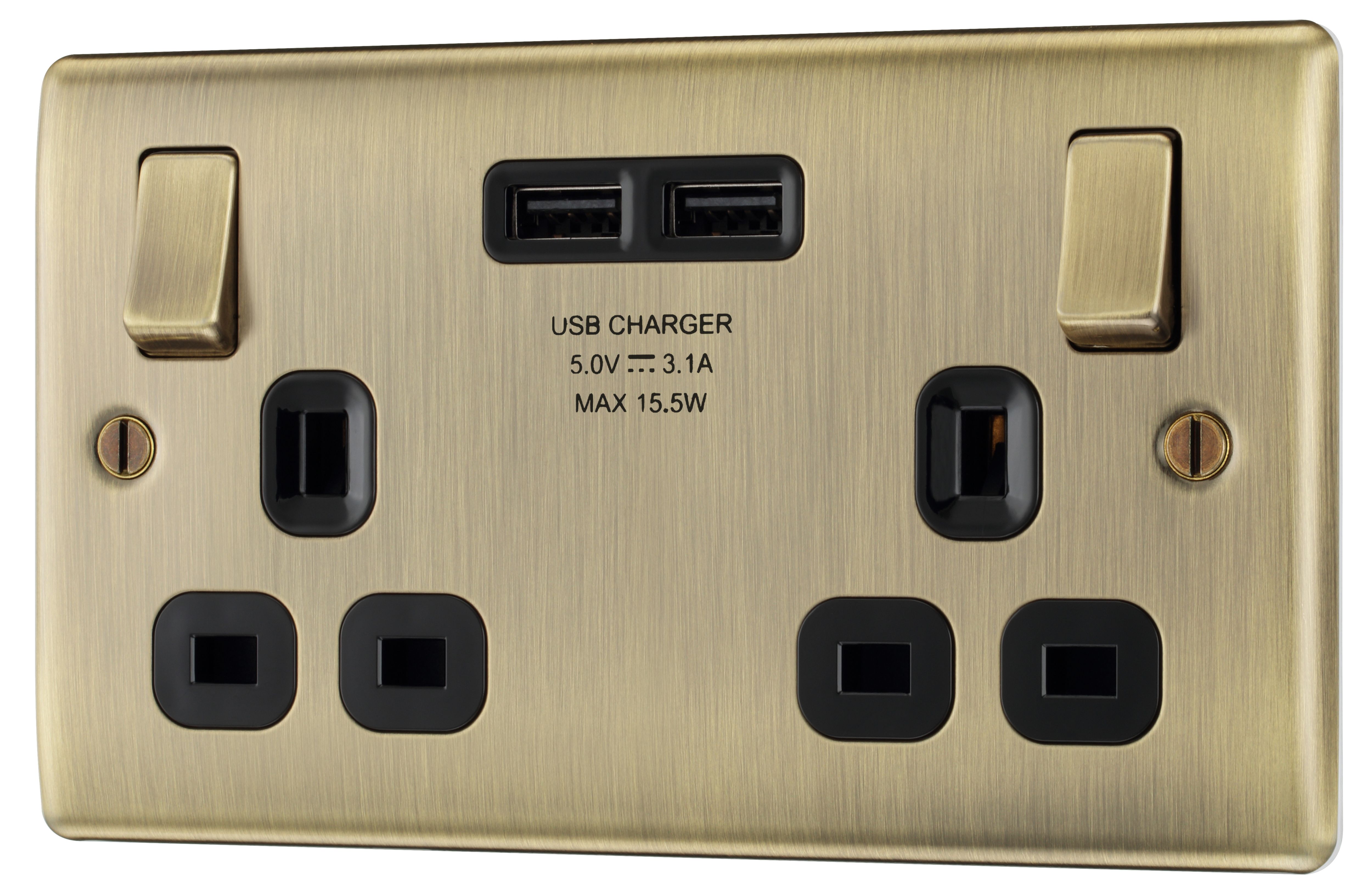 BG Antique Brass Double 13A Switched Socket with USB x2 3.1A & Black inserts