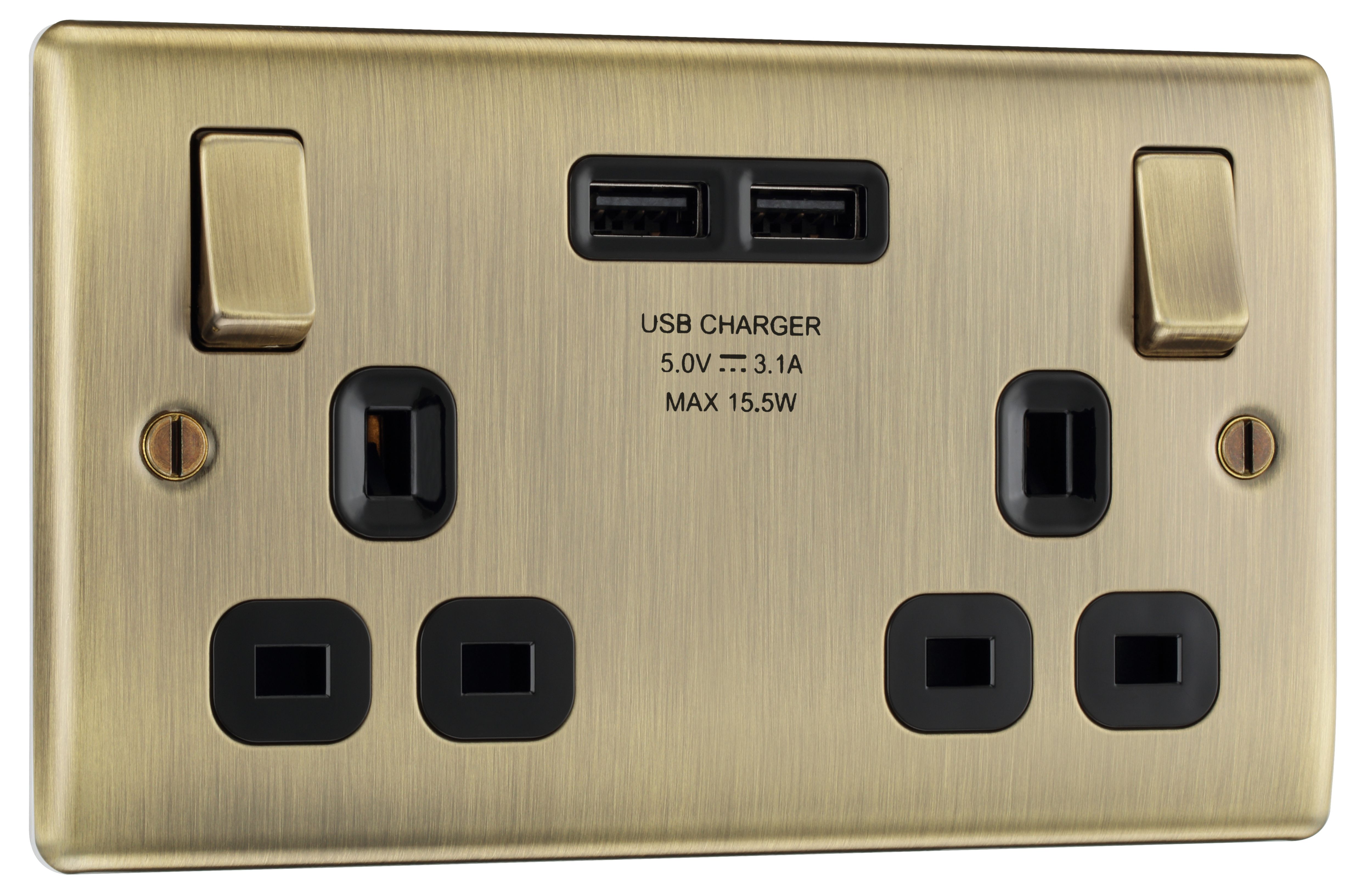 BG Antique Brass Double 13A Switched Socket with USB x2 3.1A & Black inserts - 3