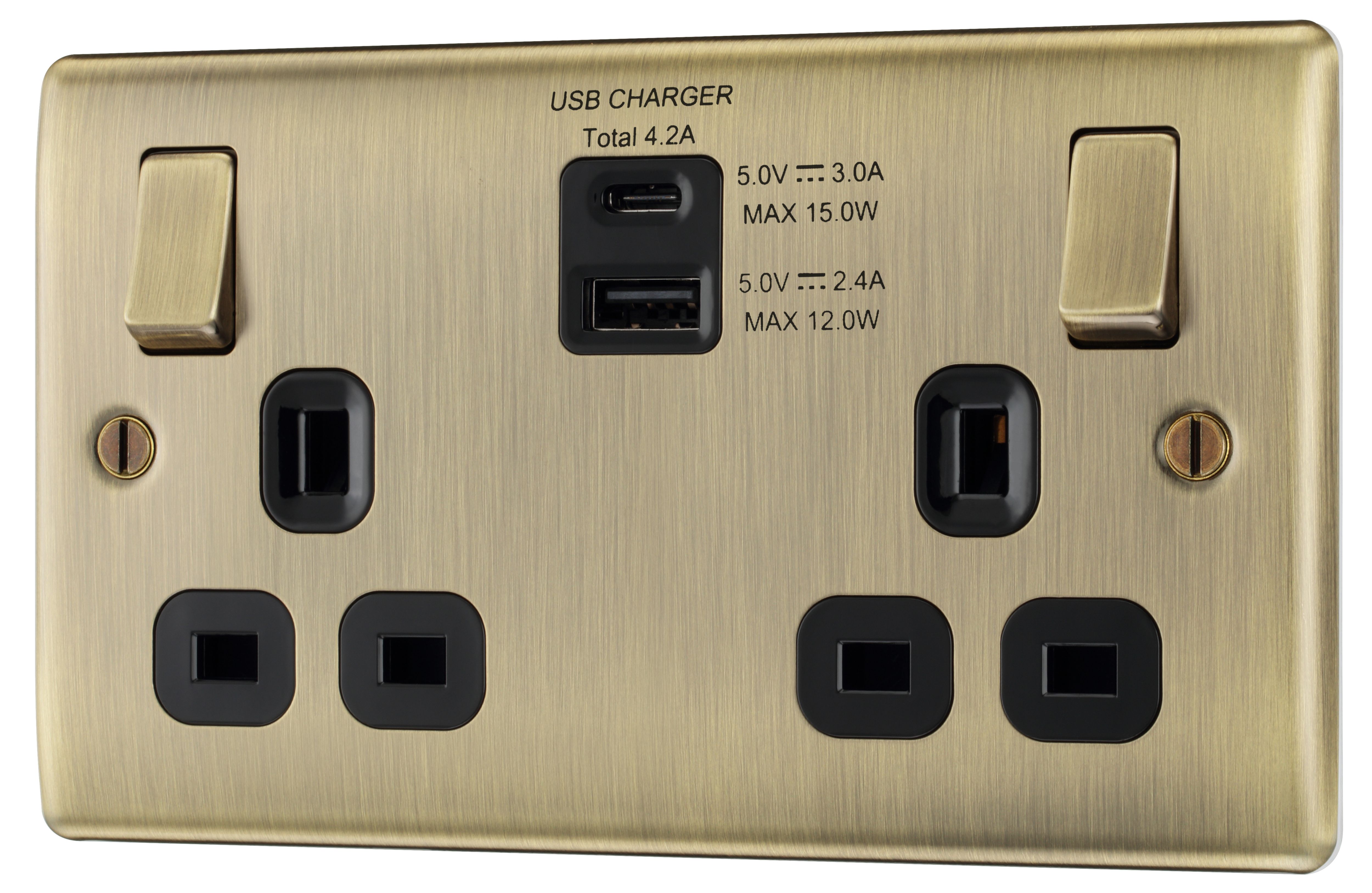 BG Antique Brass Double 13A Switched Socket with USB x2 4.2A & Black inserts