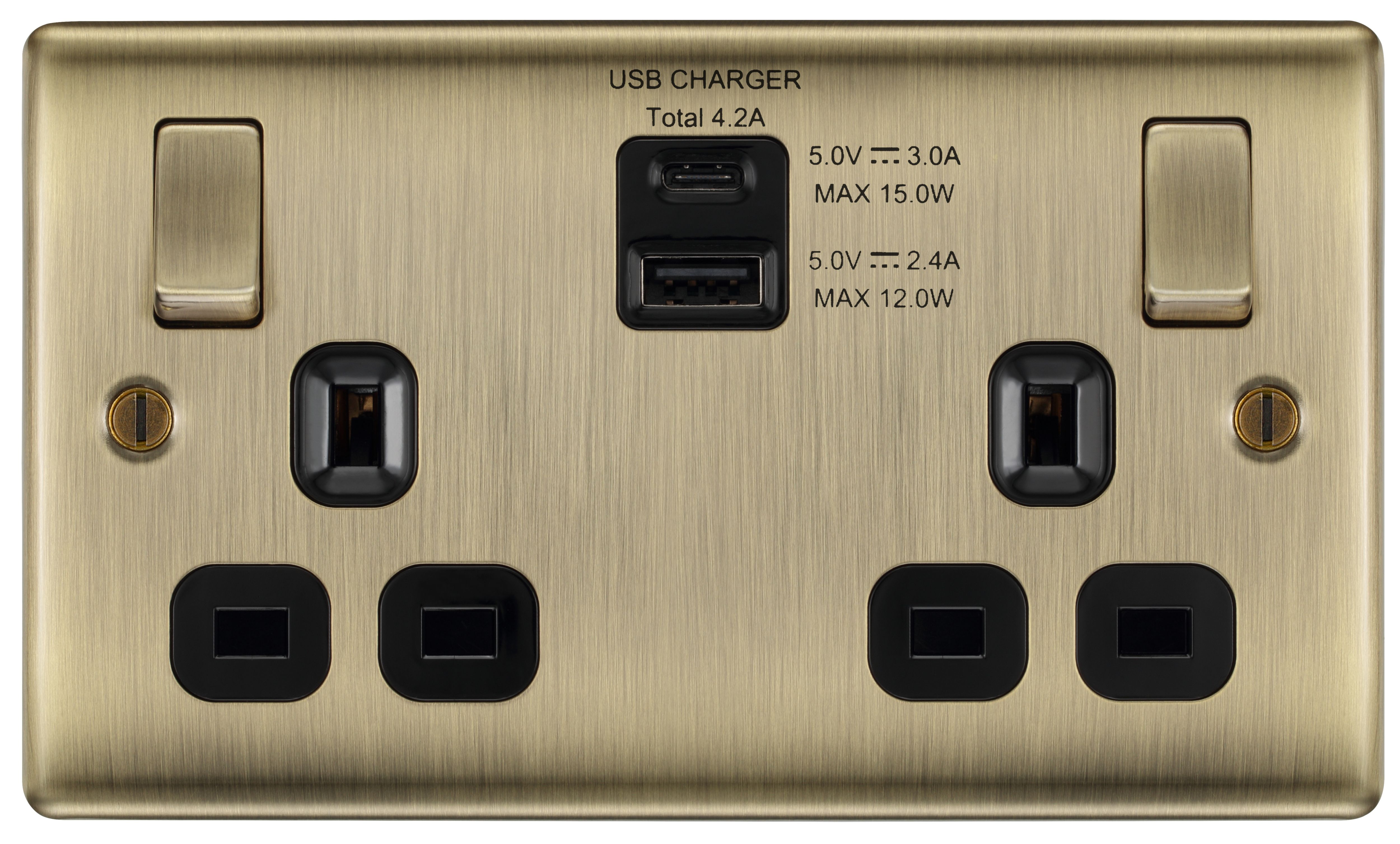 BG Antique Brass Double 13A Switched Socket with USB x2 4.2A & Black inserts