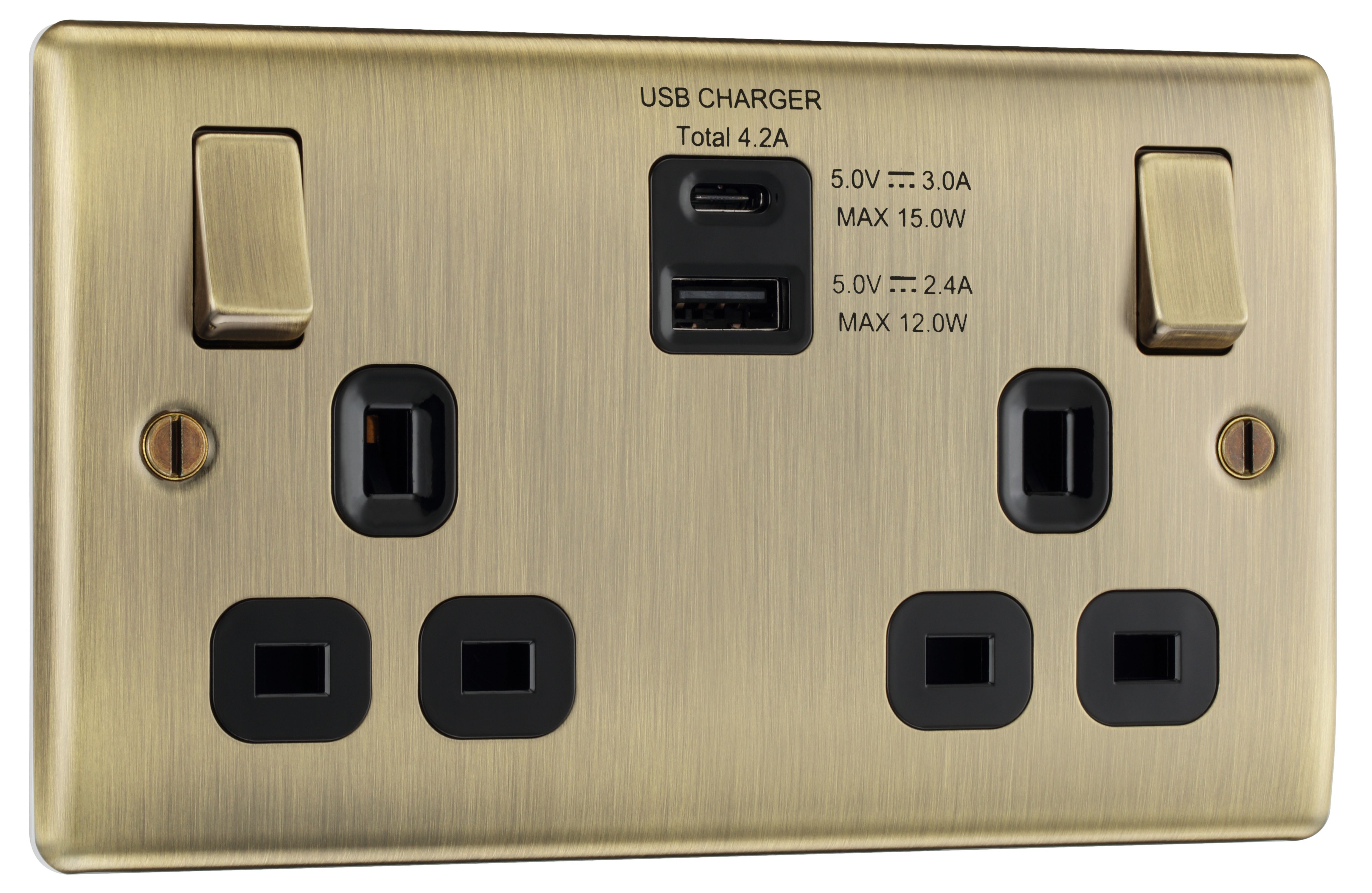 BG Antique Brass Double 13A Switched Socket with USB x2 4.2A & Black inserts - 3