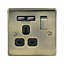 BG Antique Brass Single 13A Switched Socket with USB x2 & Black inserts