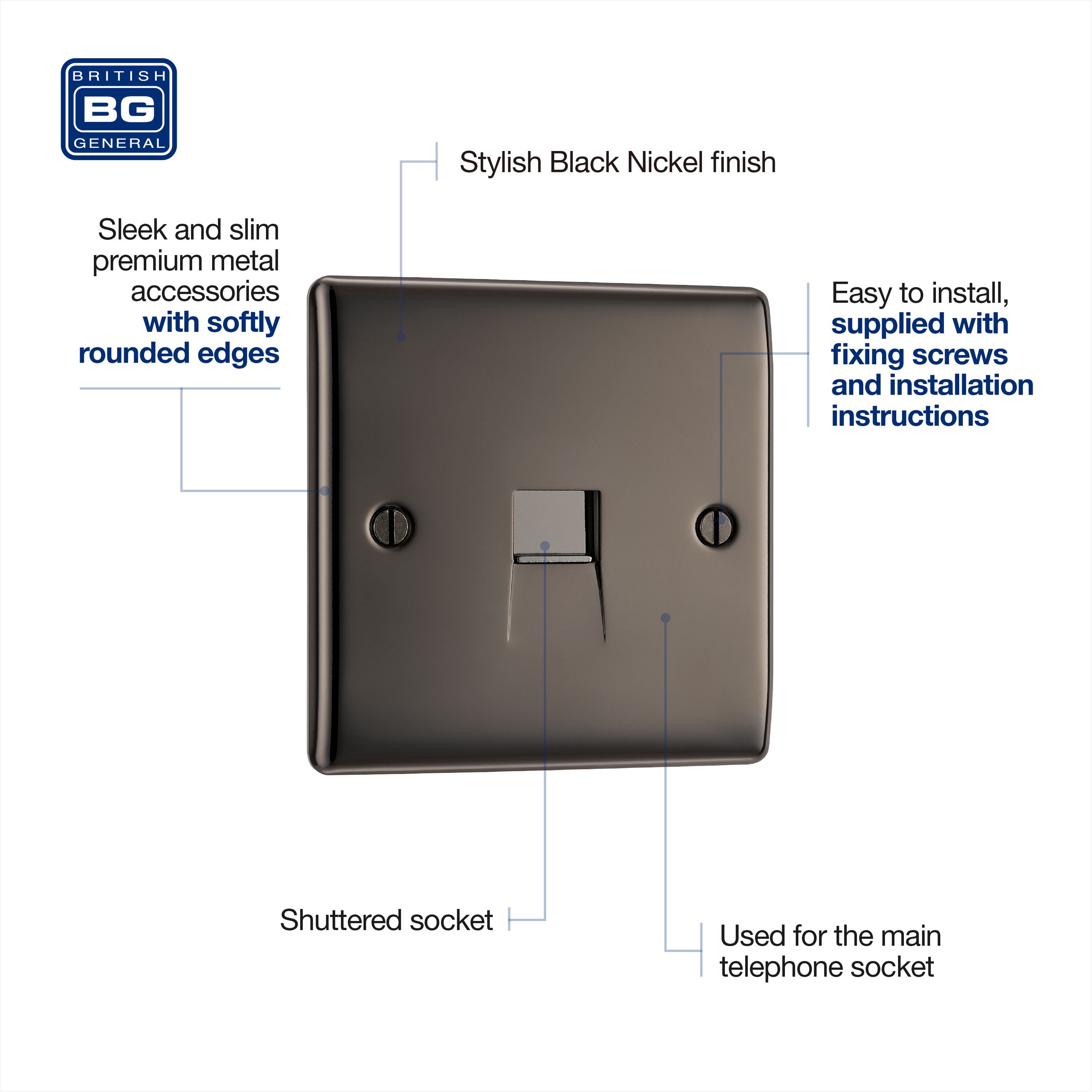 BG Black Nickel 1 gang Master telephone socket