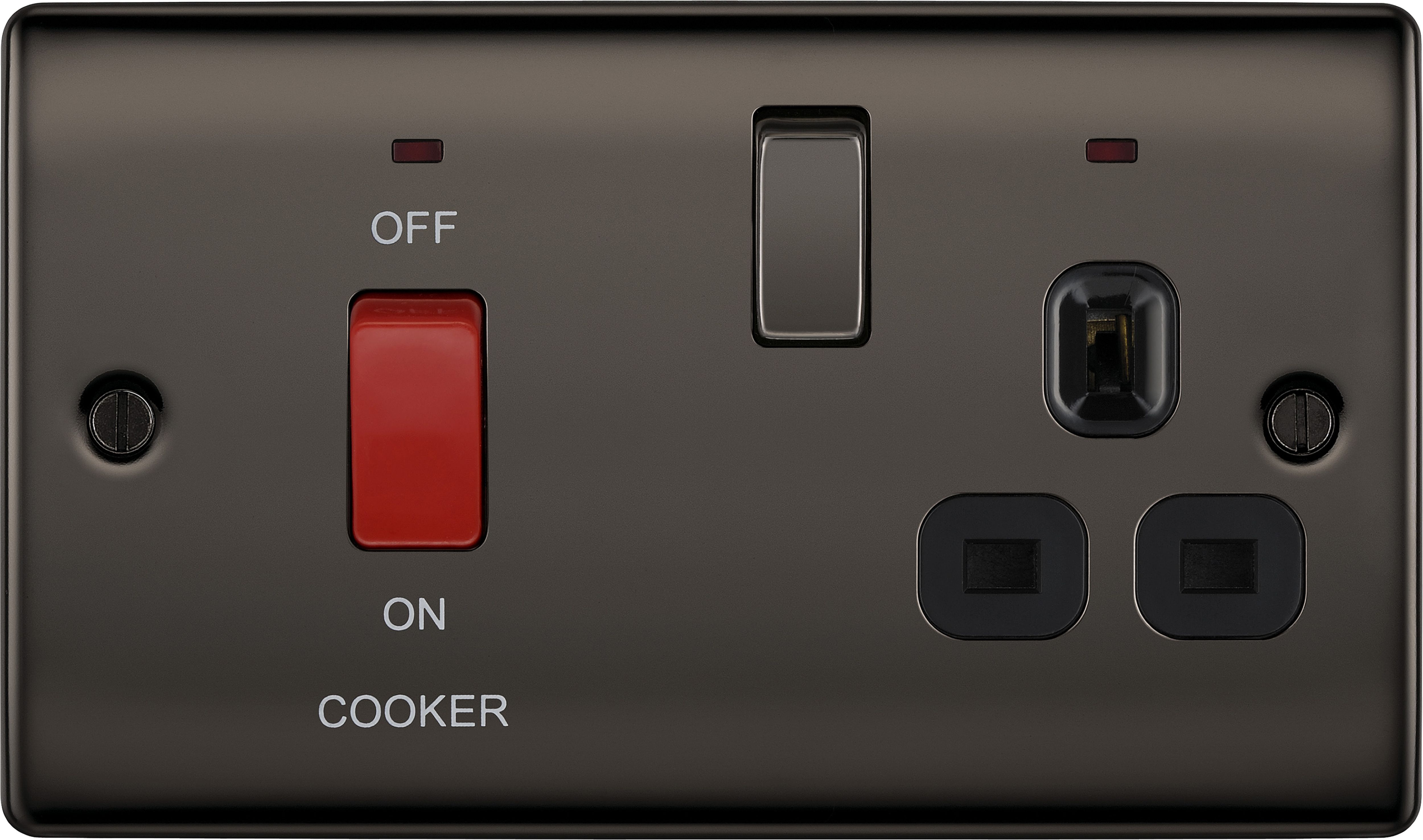 BG Black Nickel Cooker switch & socket with neon & Black inserts