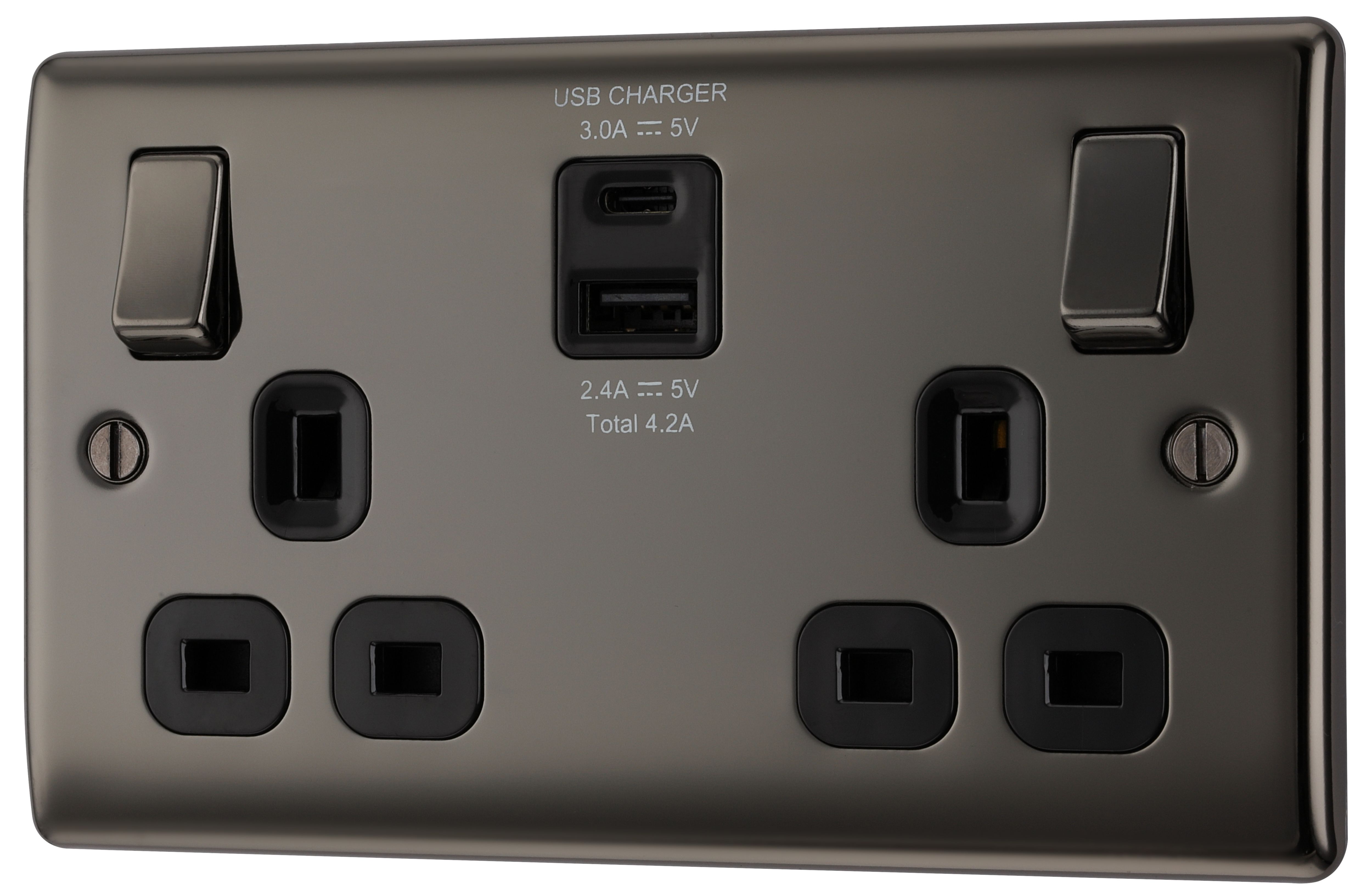 BG Black Nickel Double 13A Raised slim Switched Screwed Socket with USB, x2 & Black inserts
