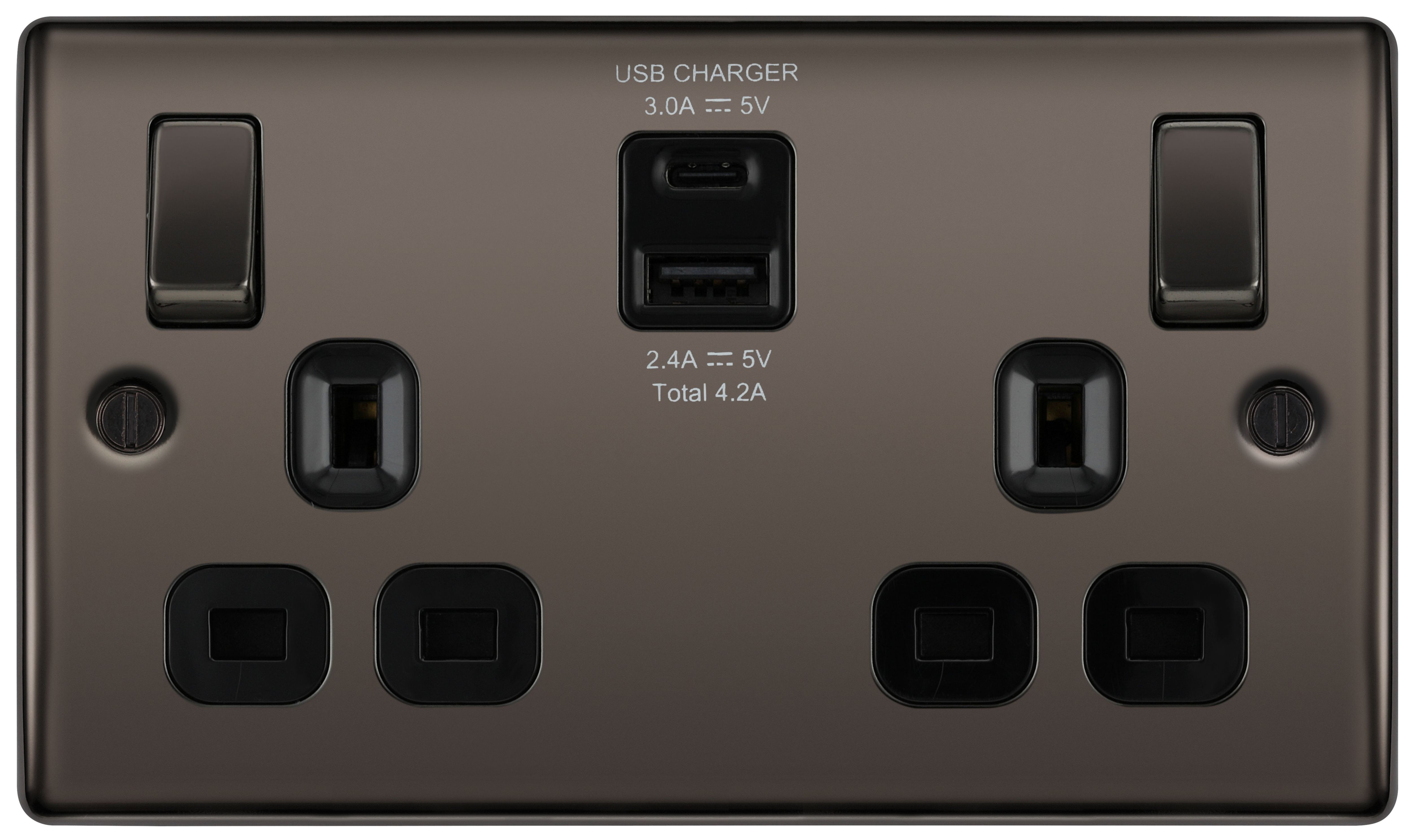 BG Black Nickel Double 13A Raised slim Switched Screwed Socket with USB, x2 & Black inserts