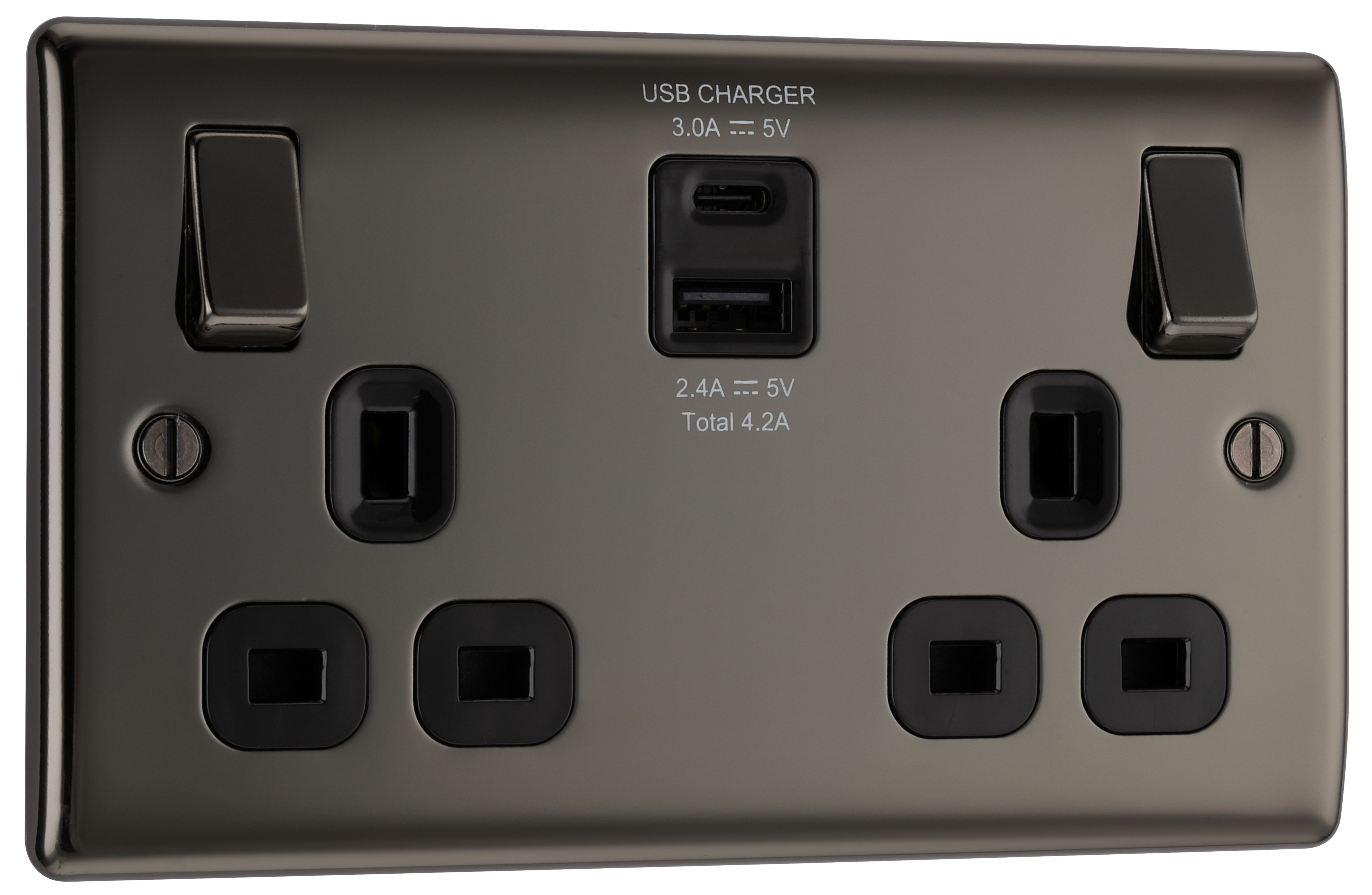 BG Black Nickel Double 13A Raised slim Switched Screwed Socket with USB, x2 & Black inserts