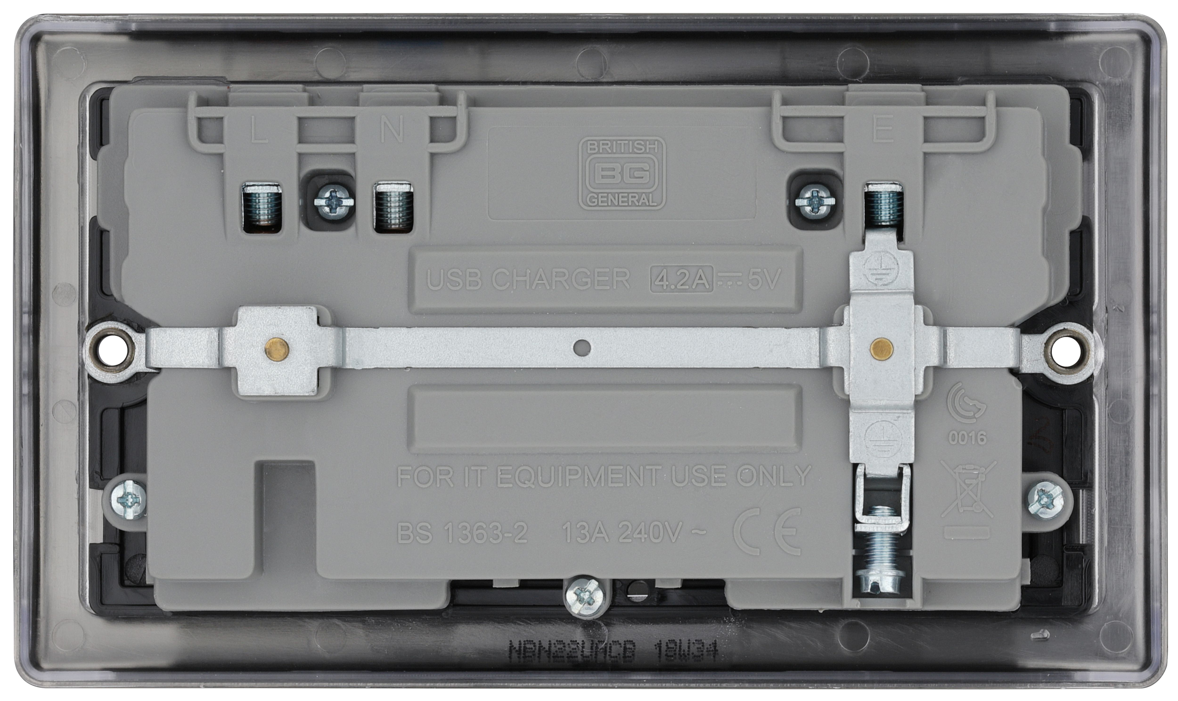 BG Black Nickel Double 13A Raised slim Switched Screwed Socket with USB, x2 & Black inserts