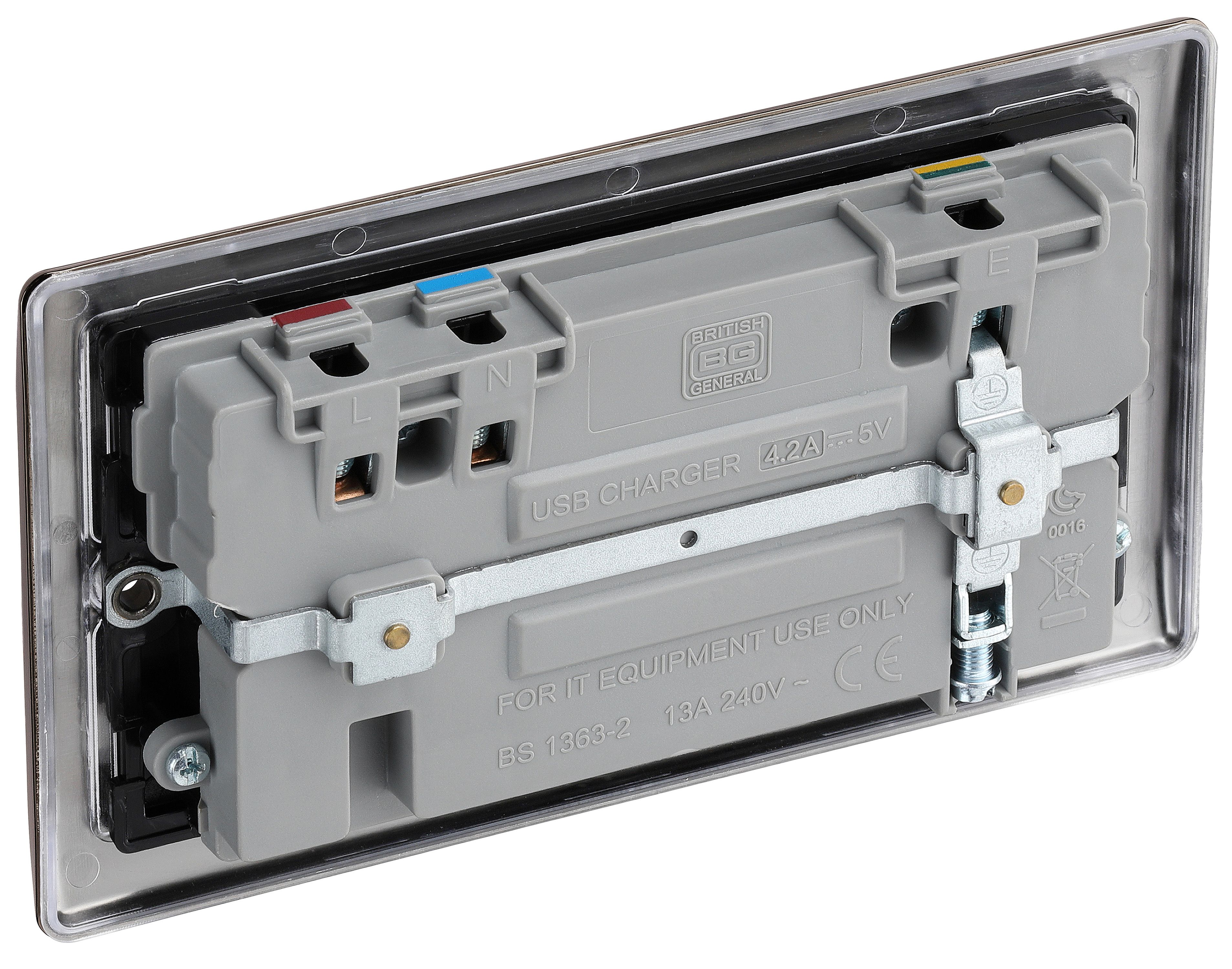 BG Black Nickel Double 13A Raised slim Switched Screwed Socket with USB, x2 & Black inserts