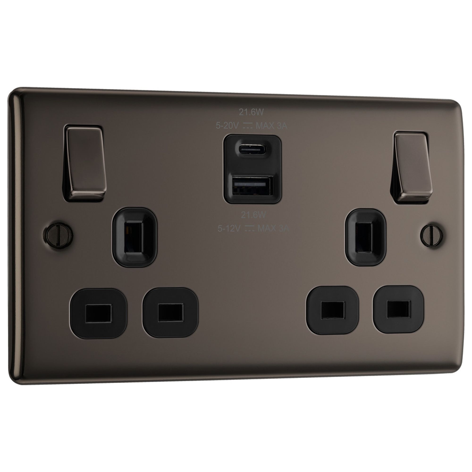 BG Black Nickel Double 13A Raised slim Switched Socket with USB, x2 & Black inserts