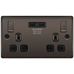 BG Black Nickel Double 13A Switched Socket with USB x2 3.1A & Black inserts