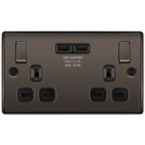 BG Black Nickel Double 13A Switched Socket with USB x2 3.1A & Black inserts