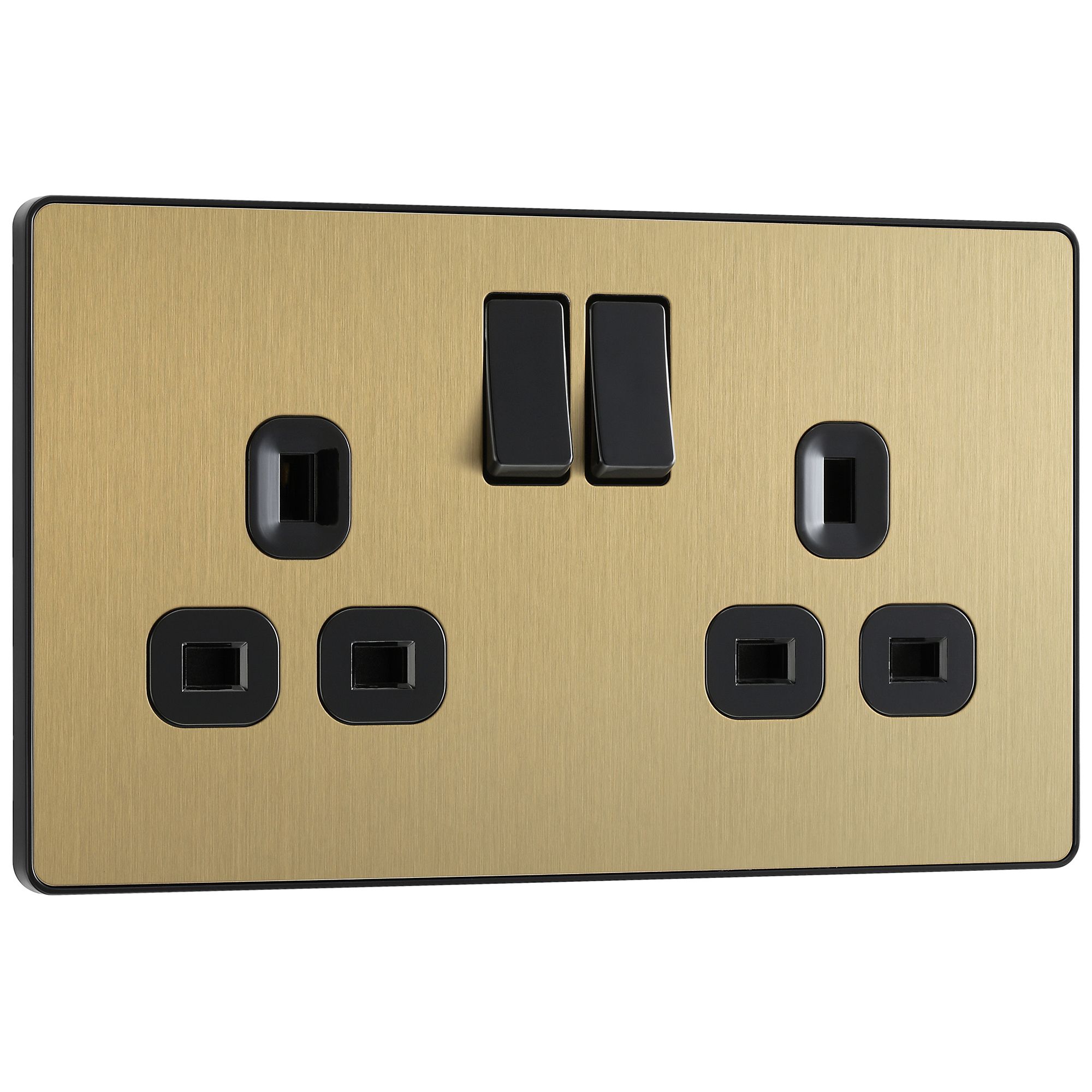 BG Brass effect Double 13A 220-240V Satin Gold Centre Switched socket, Pack of 5 with 1 poles