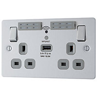 BG Brushed Steel 13A Flat Double WiFi extender socket with USB