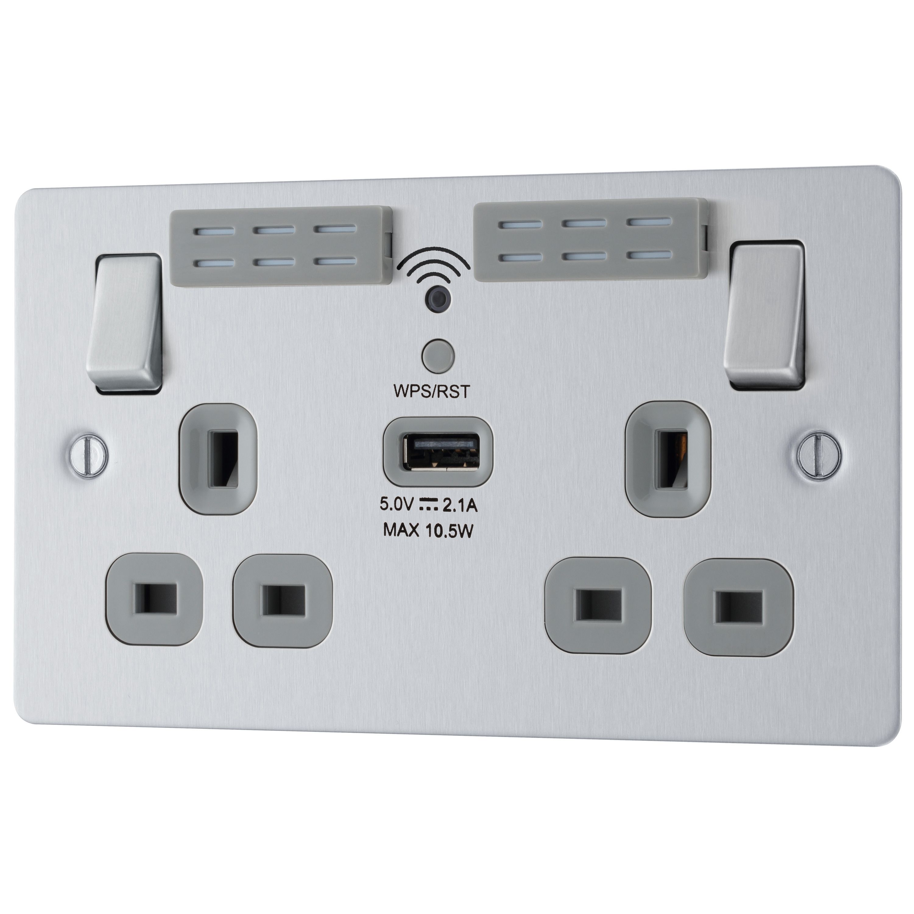 BG Brushed Steel 13A Flat Double WiFi extender socket with USB