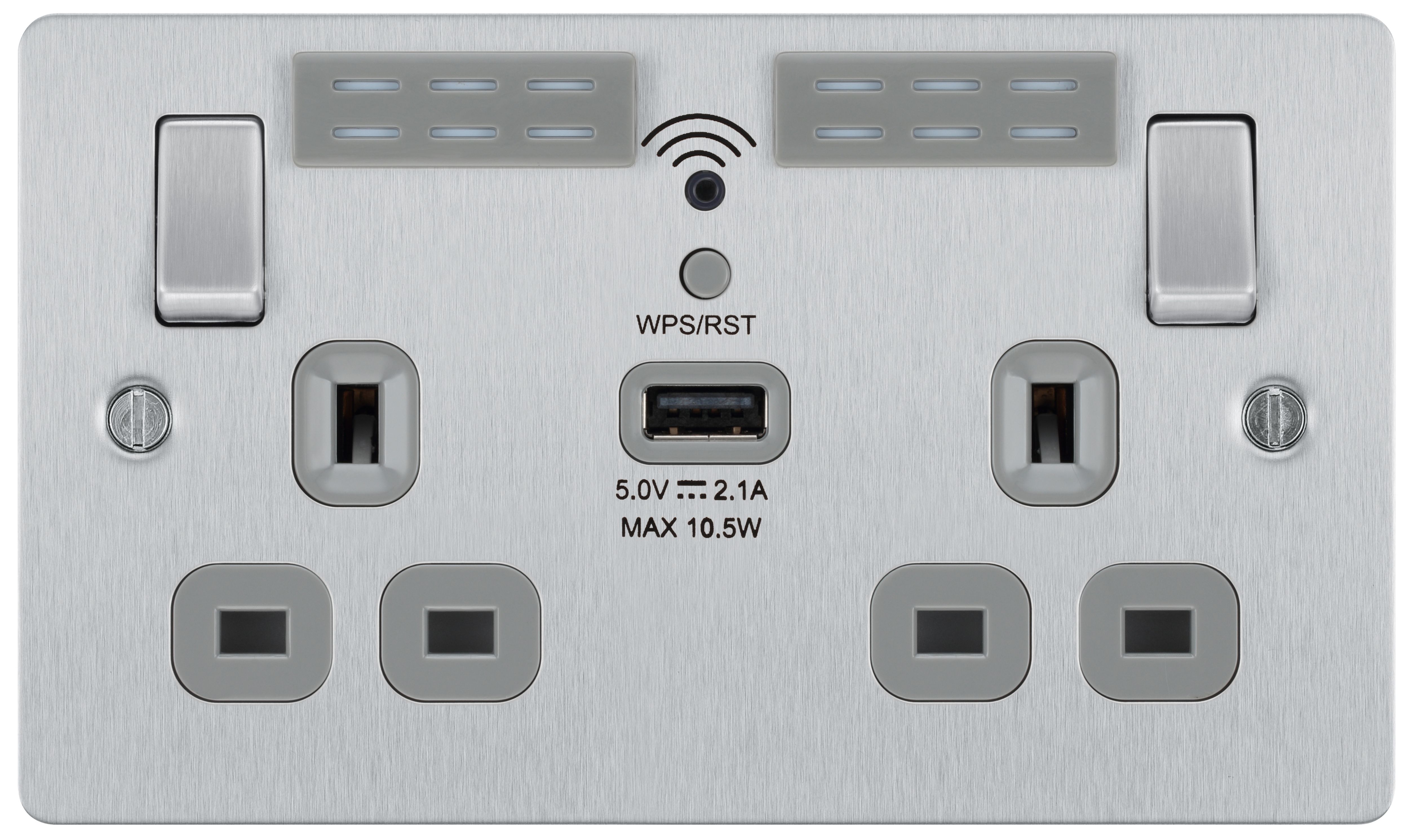 BG Brushed Steel 13A Flat Double WiFi extender socket with USB