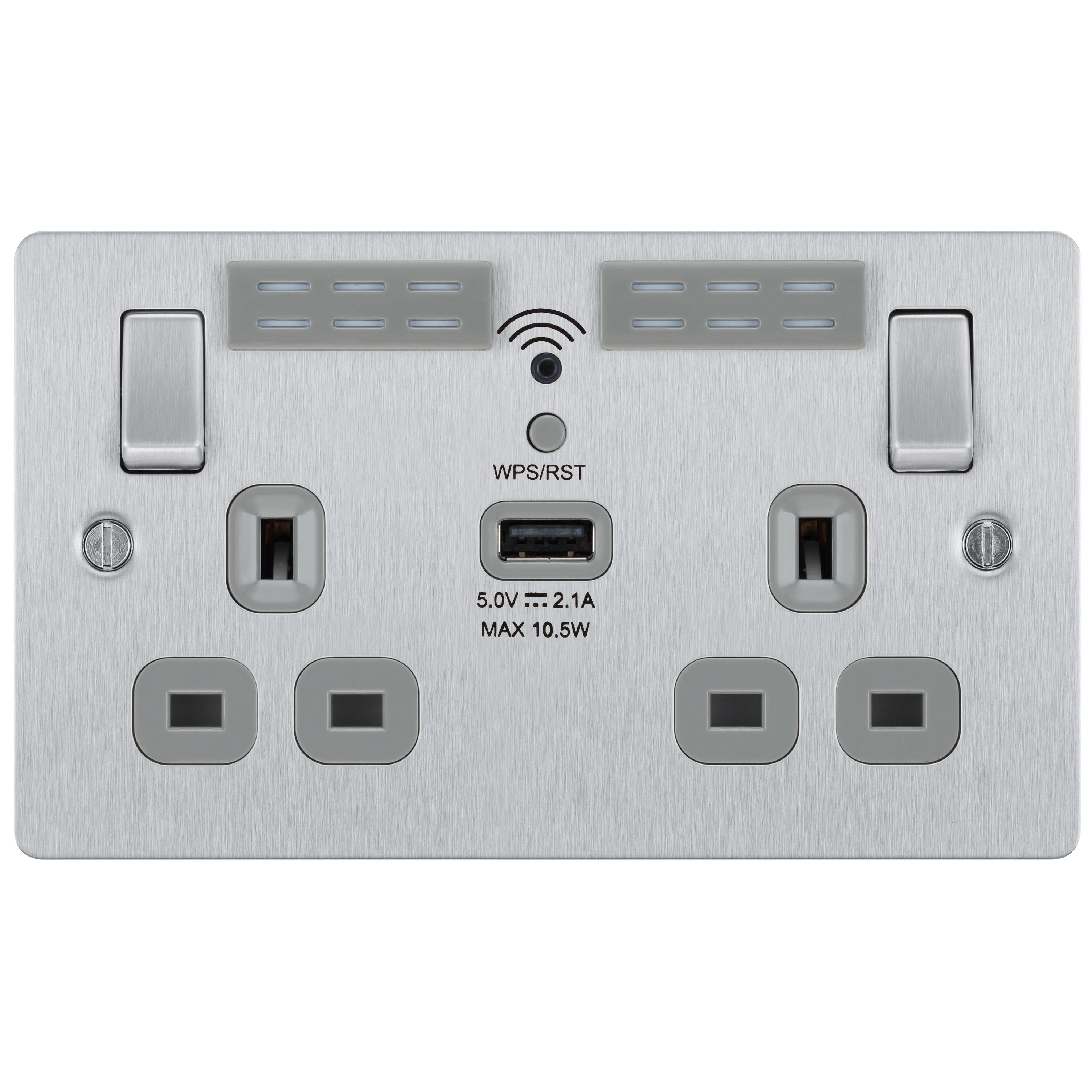 BG Brushed Steel 13A Flat Double WiFi extender socket with USB