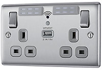 BG Brushed Steel 13A Raised slim Double WiFi extender socket with USB
